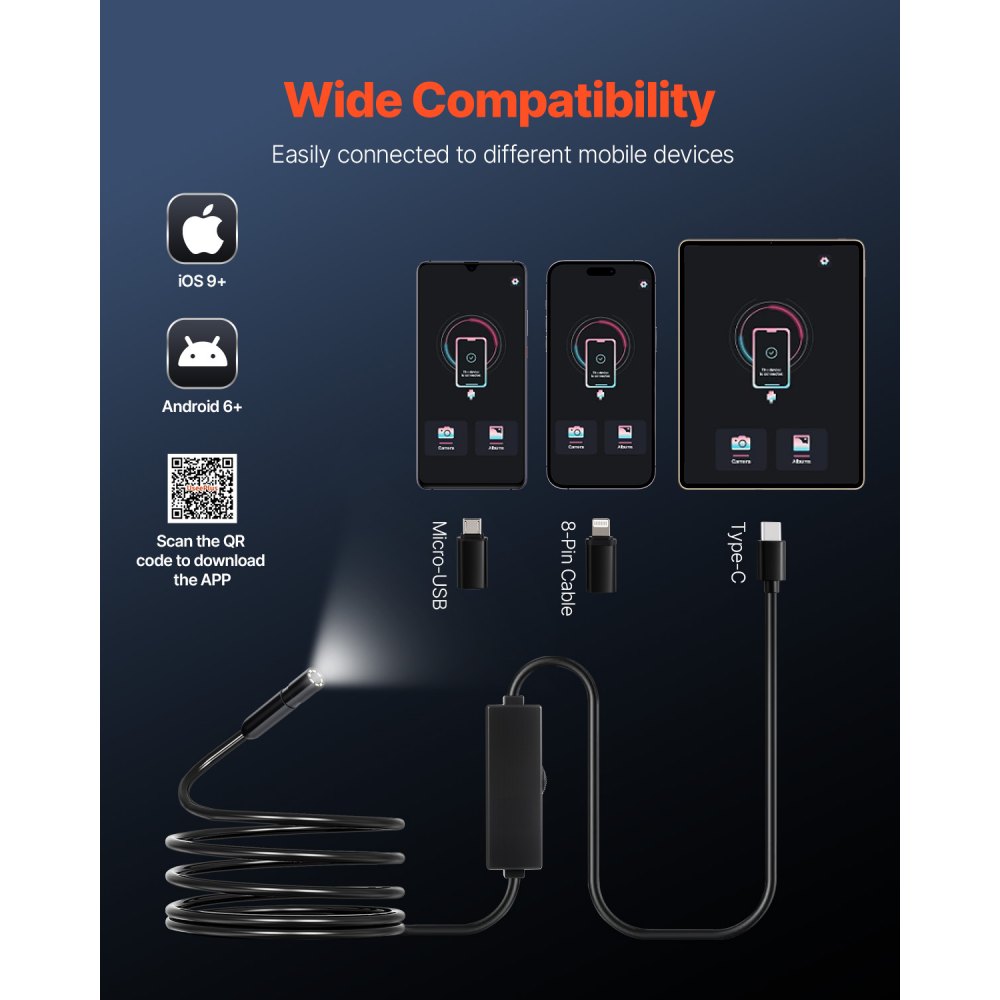 Kamera endoskopowa VEVOR ze światłem, endoskop HD 1920P dla systemów Android i iOS, kamera inspekcyjna z 8 diodami LED i kablem o długości 3 m, 2-krotny zoom, wodoodporna kamera kanalizacyjna IP67 do samochodu i instalacji wodno-kanalizacyjnych