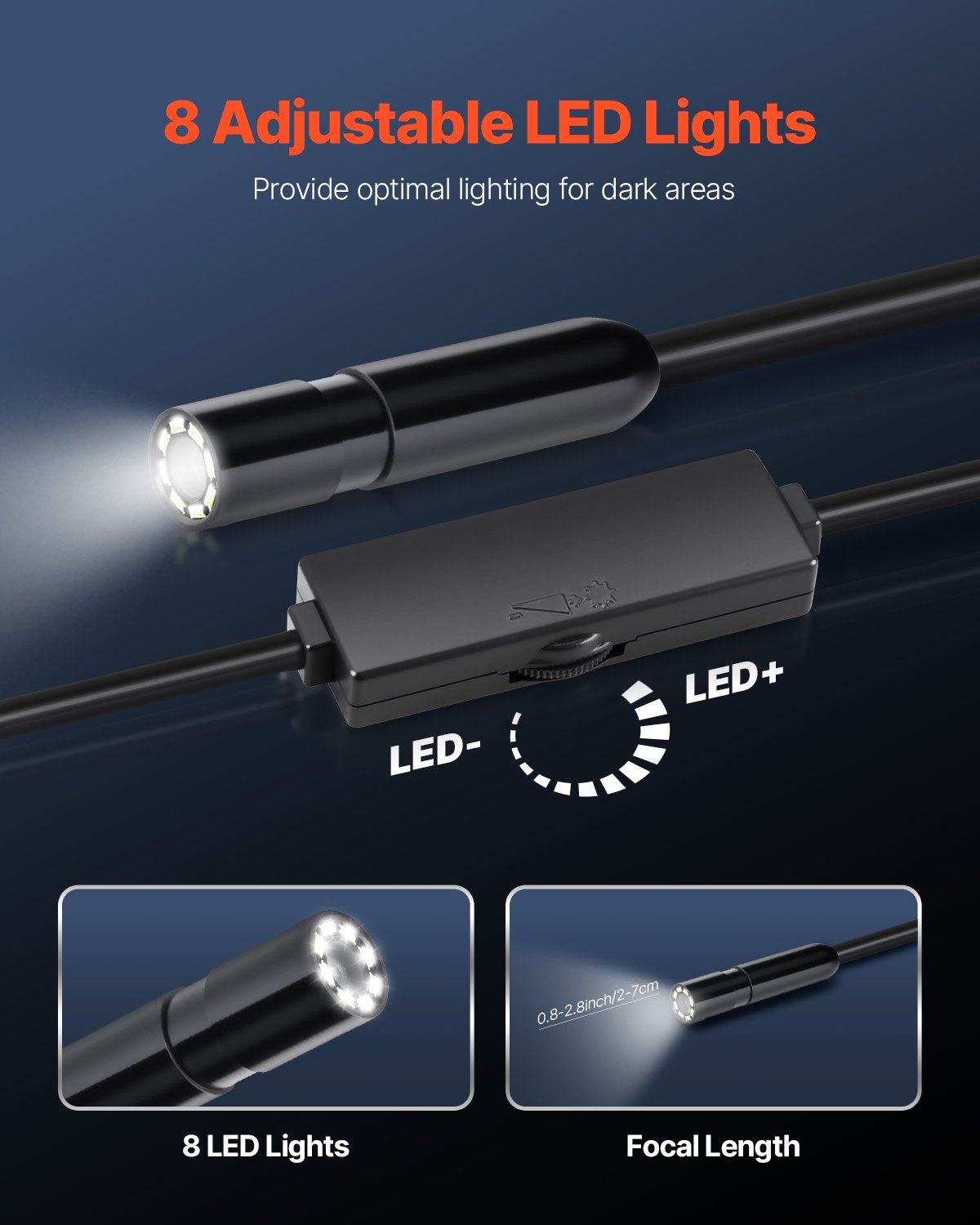 Kamera endoskopowa VEVOR ze światłem, endoskop HD 1920P dla systemów Android i iOS, kamera inspekcyjna z 8 diodami LED i kablem o długości 3 m, 2-krotny zoom, wodoodporna kamera kanalizacyjna IP67 do samochodu i instalacji wodno-kanalizacyjnych