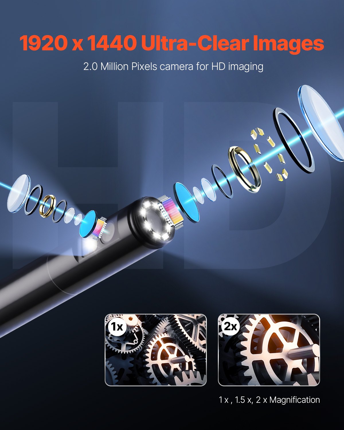 Kamera endoskopowa VEVOR z oświetleniem, endoskop z dwoma obiektywami na Androida i iOS, kamera inspekcyjna HD 1920P z 8+1 diodami LED, 2-krotny zoom, kabel typu Snake 3 m, wodoodporna kamera IP67 do samochodu, do instalacji wodno-kanalizacyjnych