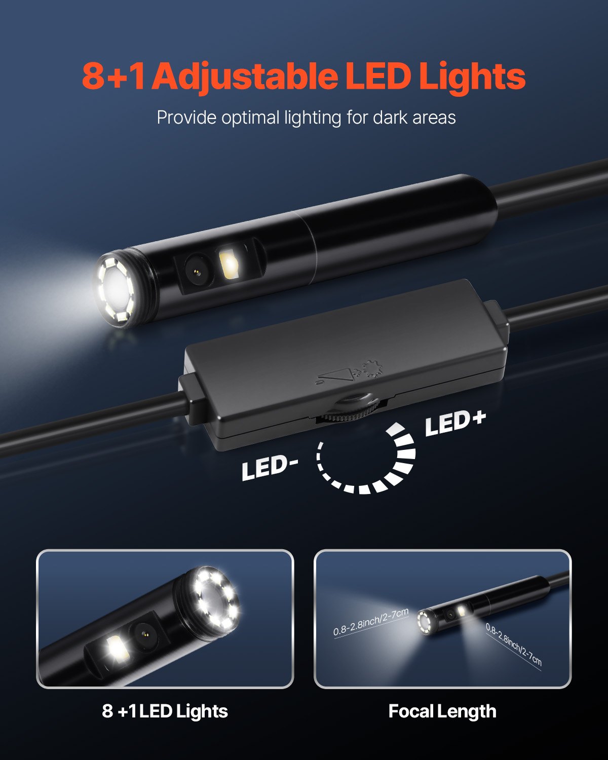 Kamera endoskopowa VEVOR z oświetleniem, endoskop z dwoma obiektywami na Androida i iOS, kamera inspekcyjna HD 1920P z 8+1 diodami LED, 2-krotny zoom, kabel typu Snake 3 m, wodoodporna kamera IP67 do samochodu, do instalacji wodno-kanalizacyjnych