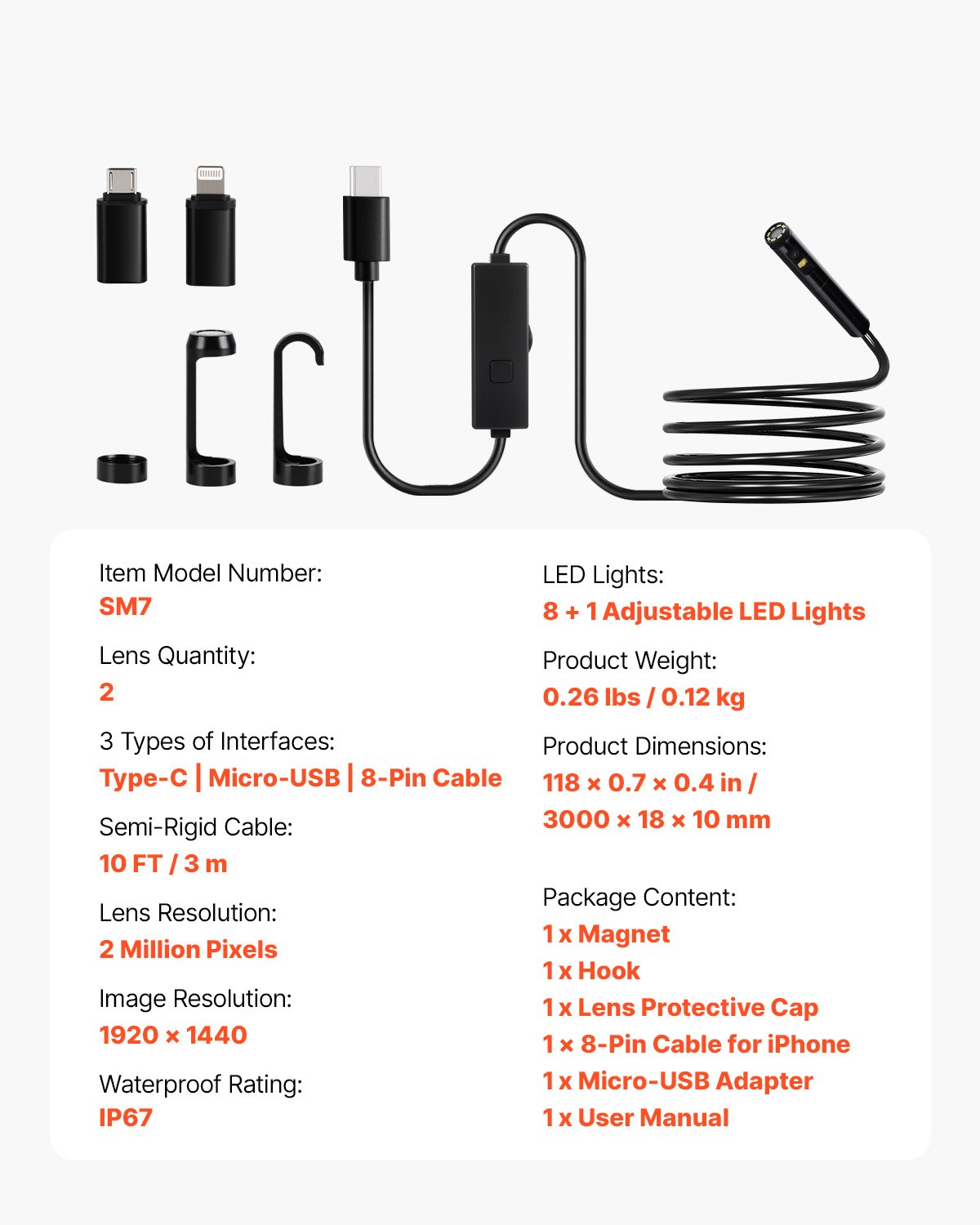 Kamera endoskopowa VEVOR z oświetleniem, endoskop z dwoma obiektywami na Androida i iOS, kamera inspekcyjna HD 1920P z 8+1 diodami LED, 2-krotny zoom, kabel typu Snake 3 m, wodoodporna kamera IP67 do samochodu, do instalacji wodno-kanalizacyjnych