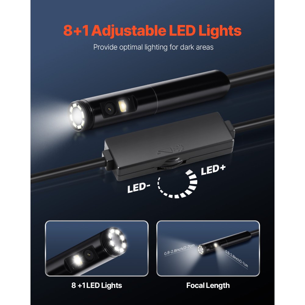 Kamera endoskopowa VEVOR z oświetleniem, endoskop z dwoma obiektywami na Androida i iOS, kamera inspekcyjna HD 1920P z oświetleniem 8+1 LED, 2-krotny zoom, kabel 5 m, wodoodporna kamera kanalizacyjna IP67 do samochodu, hydraulika