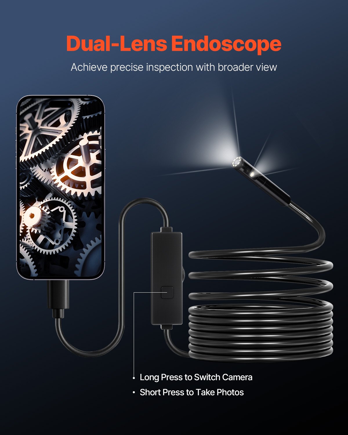 Kamera endoskopowa VEVOR z oświetleniem, endoskop z dwoma obiektywami na Androida i iOS, kamera inspekcyjna HD 1920P z oświetleniem 8+1 LED, 2-krotny zoom, kabel 5 m, wodoodporna kamera kanalizacyjna IP67 do samochodu, hydraulika