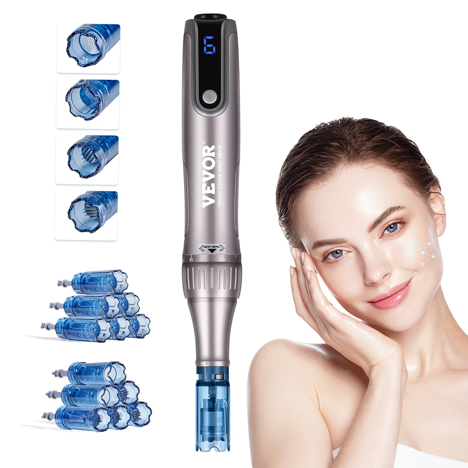 VEVOR Professional Microneedling Pen M8S, elektryczny Derma Pen z 12 wkładami zapobiegającymi cofaniu się płynu, urządzenie kosmetyczne Dermapen z 6 zmiennymi prędkościami, wyświetlaczem LCD i regulowaną długością igły w zakresie 0–2,5 mm