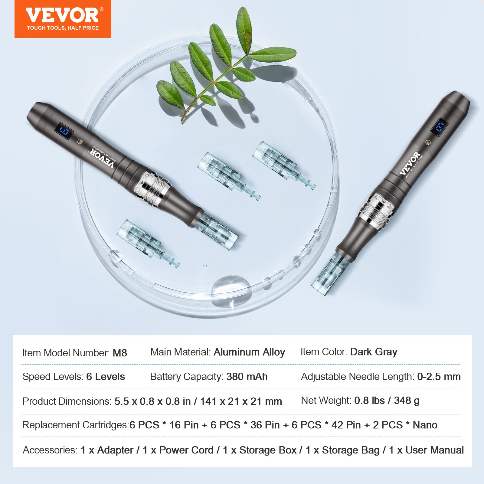 VEVOR Professional Pen do mikronakłuwania, elektryczny Derma Pen z 20 jednorazowymi wkładami, urządzenie kosmetyczne Dermapen z 6 zmiennymi prędkościami, wyświetlaczem LCD i regulowaną długością igły od 0 do 2,5 mm