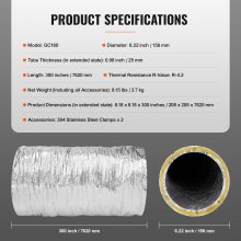 Aluminiowy wąż elastyczny VEVOR długość 7620 mm wąż wentylacyjny Φ158 mm aluminiowy przewód elastyczny przewód powietrzny R-4.2 wartość oporu cieplnego 25 mm grubość rury rura aluminiowa wąż Owens Corning izolacja wełniana kanały powietrzne