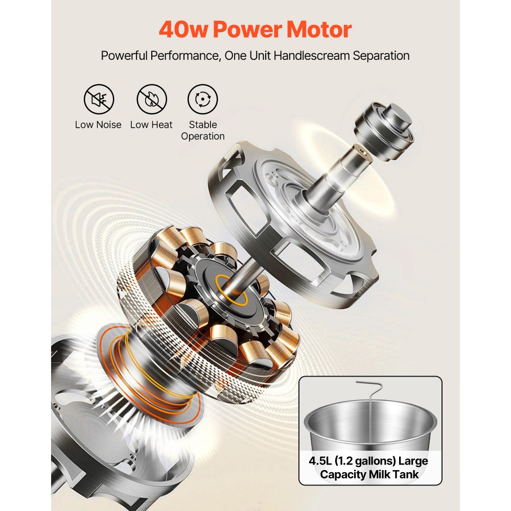 Wirówka do mleka VEVOR elektryczna 40 W, 60 l/h, z okrągłą podstawą, sterowanie przyciskowe, 10500 obr./min, wirówka do mleka wykonana ze stali nierdzewnej 304 z 4,5-litrowym zbiornikiem na mleko do kuchni