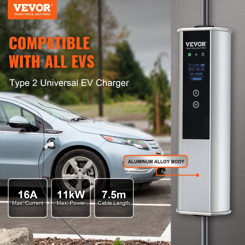 VEVOR Kabel ładujący typu 2 EV 16 A 3,68 kW (jednofazowy) / 11 kW (trójfazowy) Ładowarka samochodowa IP66 Wallbox Kabel 7,5 m Kabel ładujący 4 poziomy regulacji prądu (16 A/13 A/10 A/8 A) Wtyczka ładowarki CEE 16