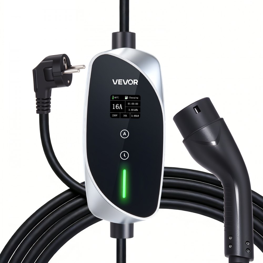 Mobilna stacja ładowania VEVOR, 3,6 kW, 16 A, typ 2, ładowarka jednofazowa z kablem ładującym 6 m, wtyczka Schuko (16 A), wyświetlacz LCD, jednostka sterująca IP66, zasilanie pojazdów elektrycznych