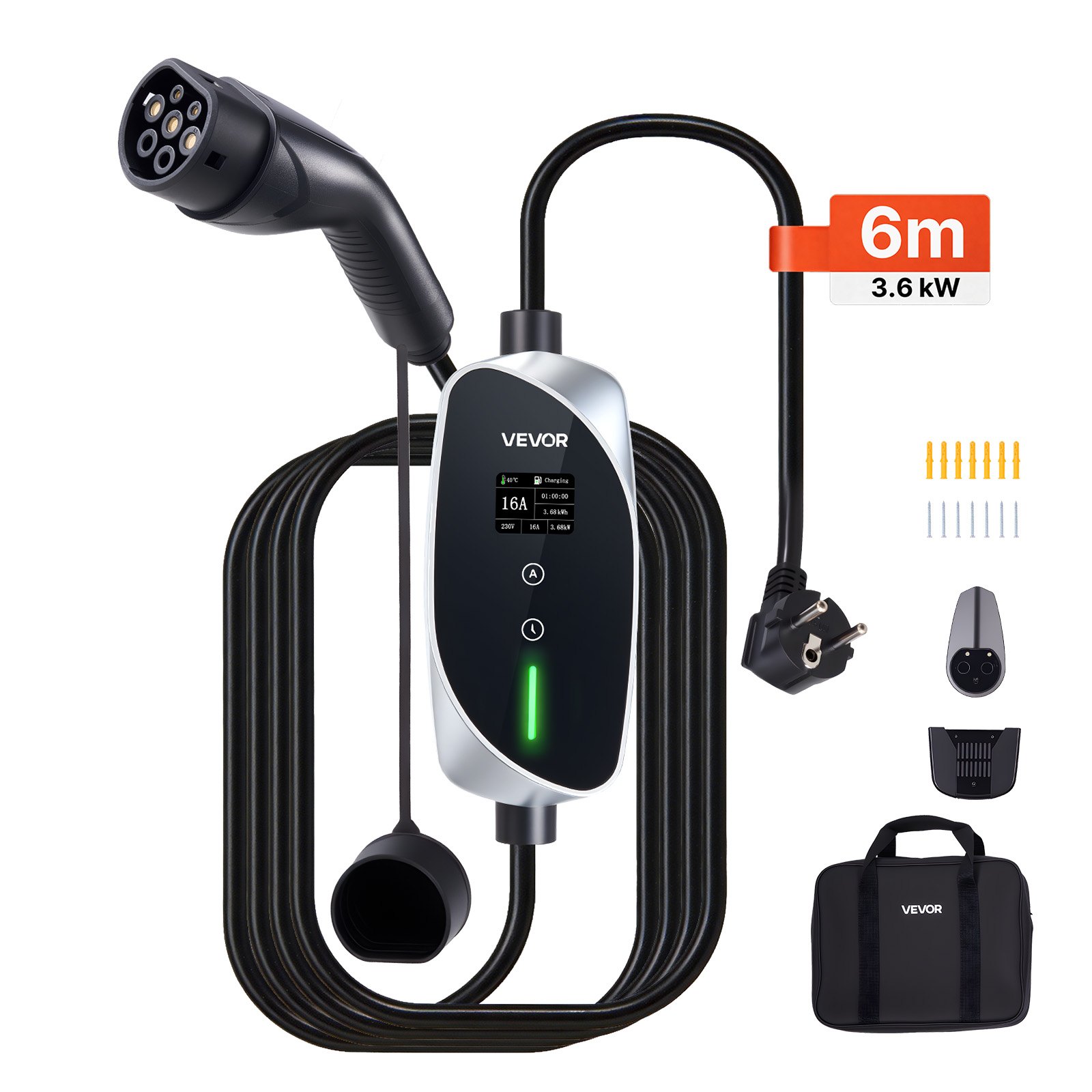 Mobilna stacja ładowania VEVOR, 3,6 kW, 16 A, typ 2, ładowarka jednofazowa z kablem ładującym 6 m, wtyczka Schuko (16 A), wyświetlacz LCD, jednostka sterująca IP66, zasilanie pojazdów elektrycznych