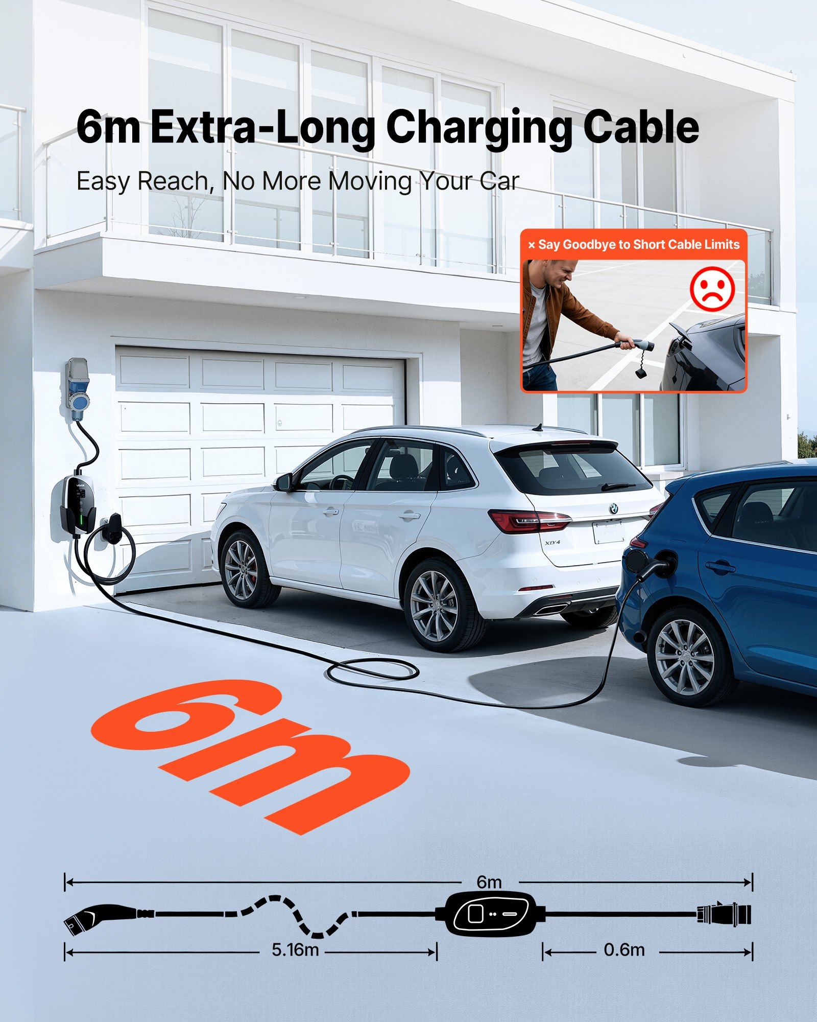 VEVOR Mobilna stacja ładowania Wallbox, 7,4 kW, 32 A, typ 2, przenośna ładowarka jednofazowa z 6-metrowym kablem ładującym, wtyczka CEE, ekran LCD, jednostka sterująca IP66, zasilanie pojazdów elektrycznych