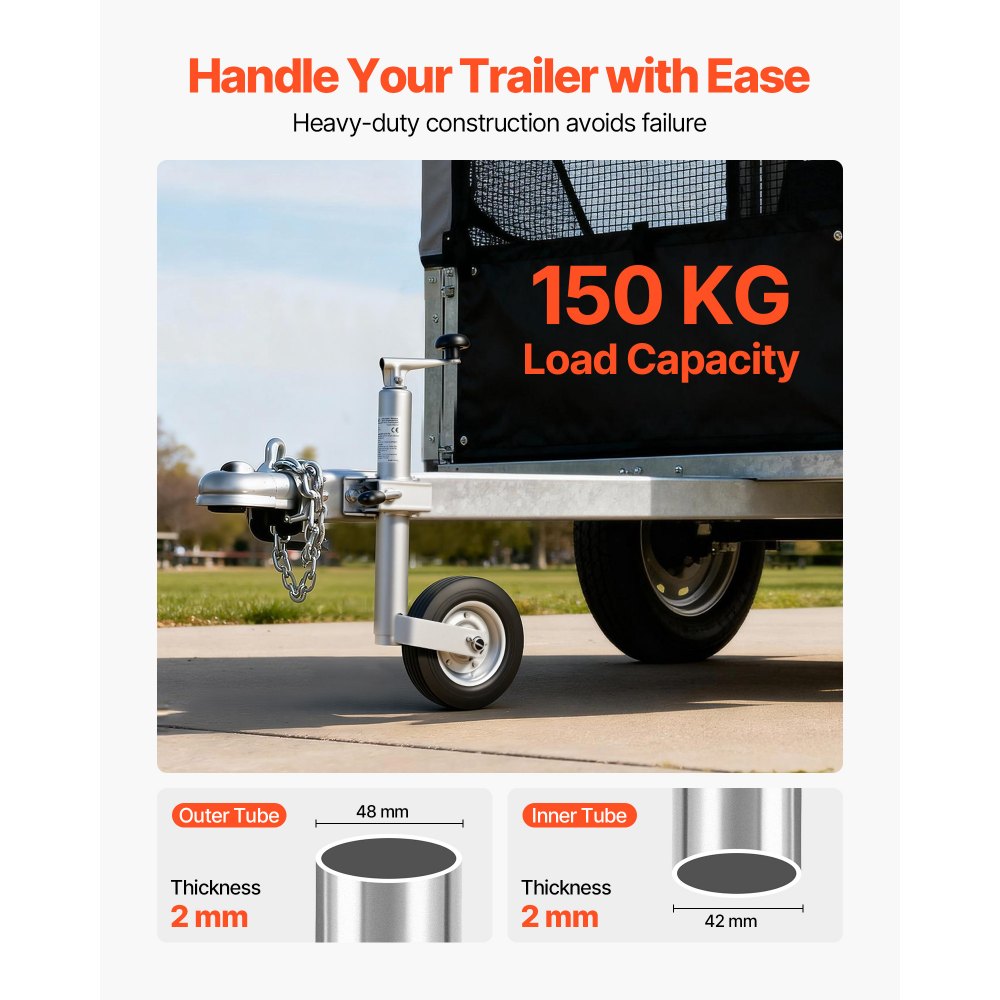 VEVOR Trailer Jack with Wheel, 150 kg Load Capacity, Heavy Duty Bolt-on Trailer Tongue Jack with Single Wheel & Ergonomic Handle, 230 mm Lift Travel, Fit for RVs, Horse Trailers, Utility Trailers