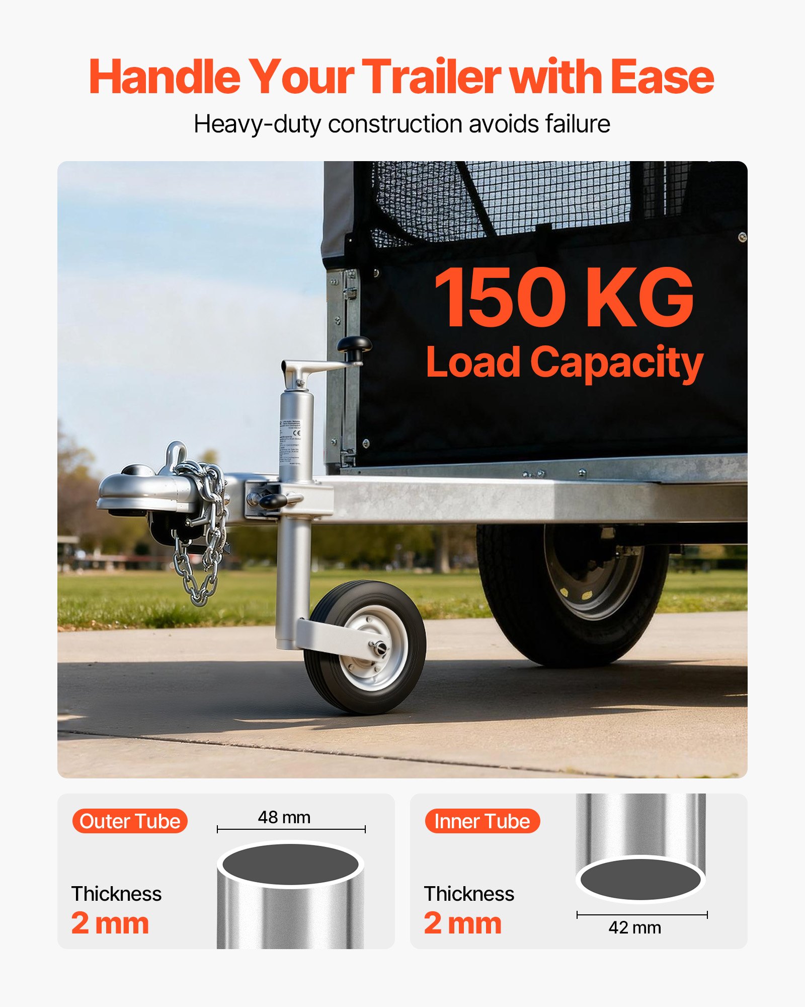 VEVOR Trailer Jack with Wheel, 150 kg Load Capacity, Heavy Duty Bolt-on Trailer Tongue Jack with Single Wheel & Ergonomic Handle, 230 mm Lift Travel, Fit for RVs, Horse Trailers, Utility Trailers