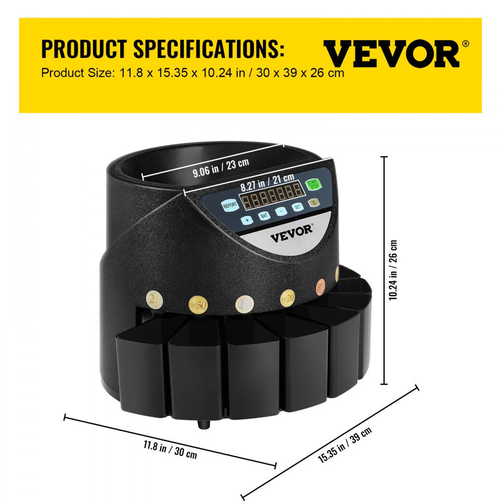 Liczarka monet VEVOR 220 V, sorter drobnych monet o wydajności 300 monet na minutę, sorter monet o pojemności 700 monet, liczarka monet euro z 8 skrzynkami zbiorczymi, liczarka pieniędzy, do metra