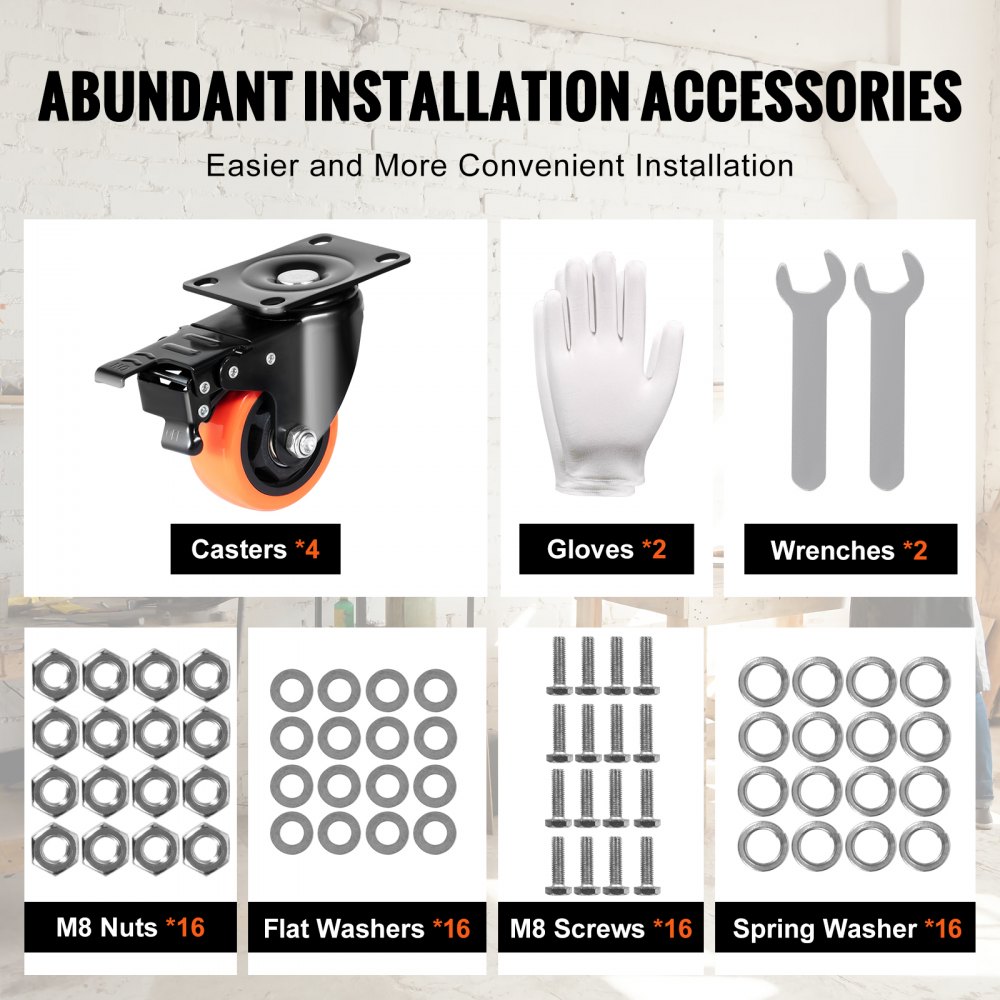 Zestaw 4 obrotowych kółek meblowych VEVOR, PVC φ76,2 mm, udźwig 454 kg, kółka transportowe z hamulcami A/B, kółka skrzyniowe, obrotowe o 360°, kółka o dużej wytrzymałości do domów, biur, studiów, fabryk