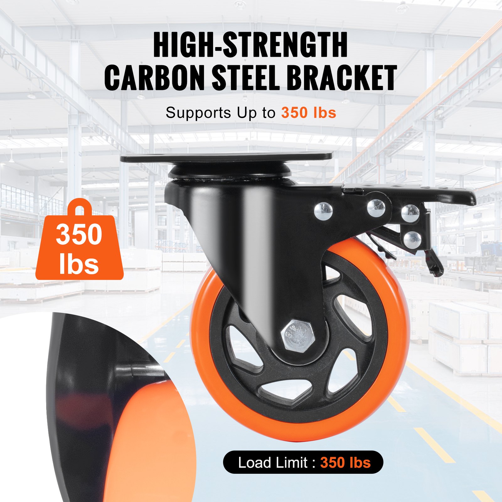 Zestaw 4 obrotowych kółek meblowych VEVOR z PVC φ101,6 mm, udźwig 635 kg, kółka transportowe z hamulcami A/B, kółka skrzyniowe, obrotowe o 360°, kółka o dużej wytrzymałości do domów, biur, studiów, fabryk