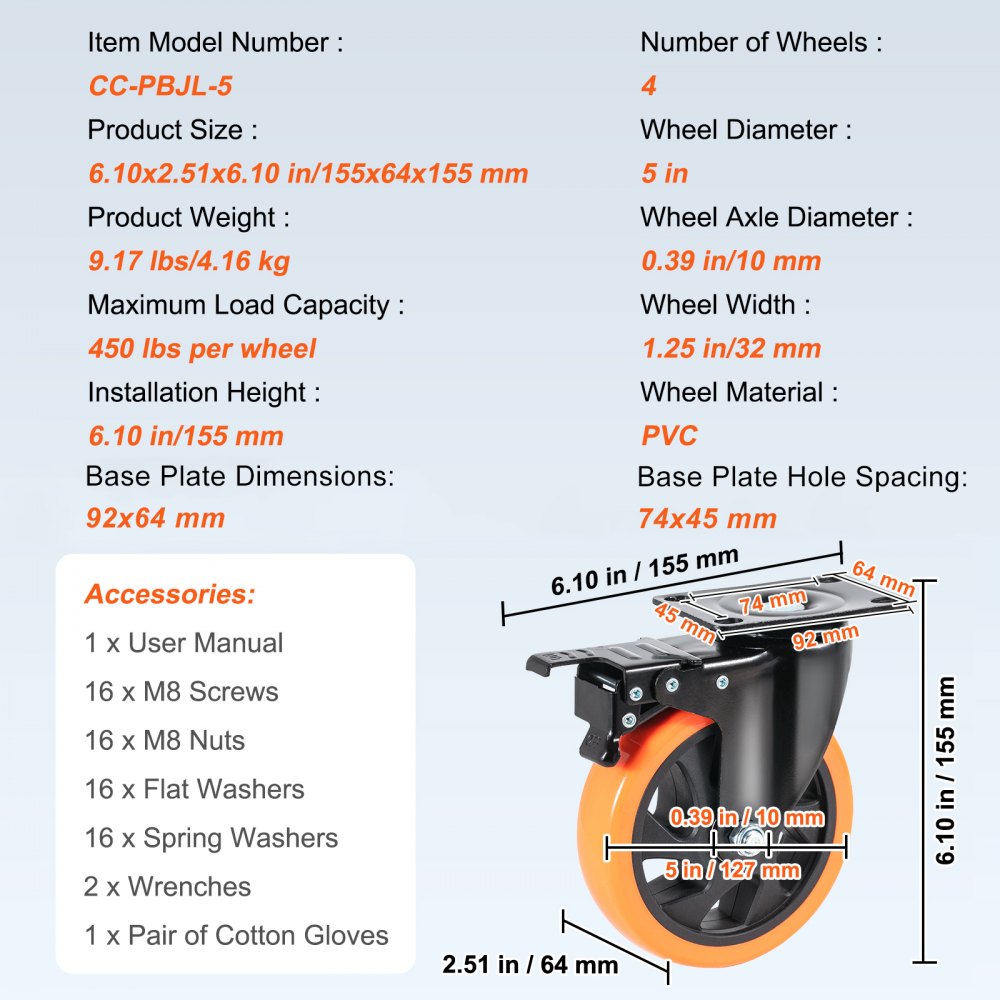 Zestaw 4 obrotowych kółek meblowych VEVOR, PVC, φ127 mm, udźwig 816 kg, kółka transportowe z hamulcami A/B, kółka skrzyniowe, obrotowe o 360°, kółka o dużej wytrzymałości do domów, biur, studiów, fabryk