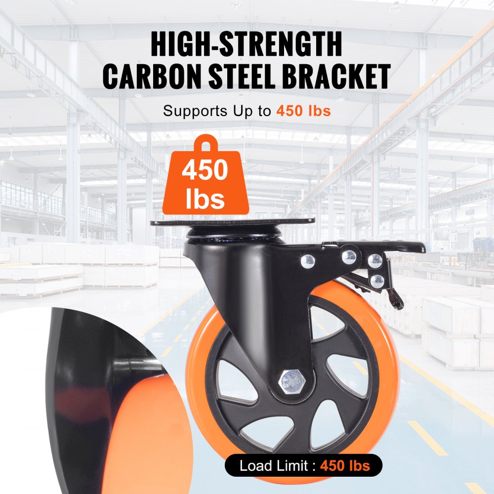 VEVOR Furniture Casters, Set of 4, Swivel Casters, PVC, φ127mm, 816kg Load Capacity, Transport Casters with A/B Brakes, Box Casters, 360° Swivel, Heavy Duty Casters for Homes, Offices, Studios, Factories