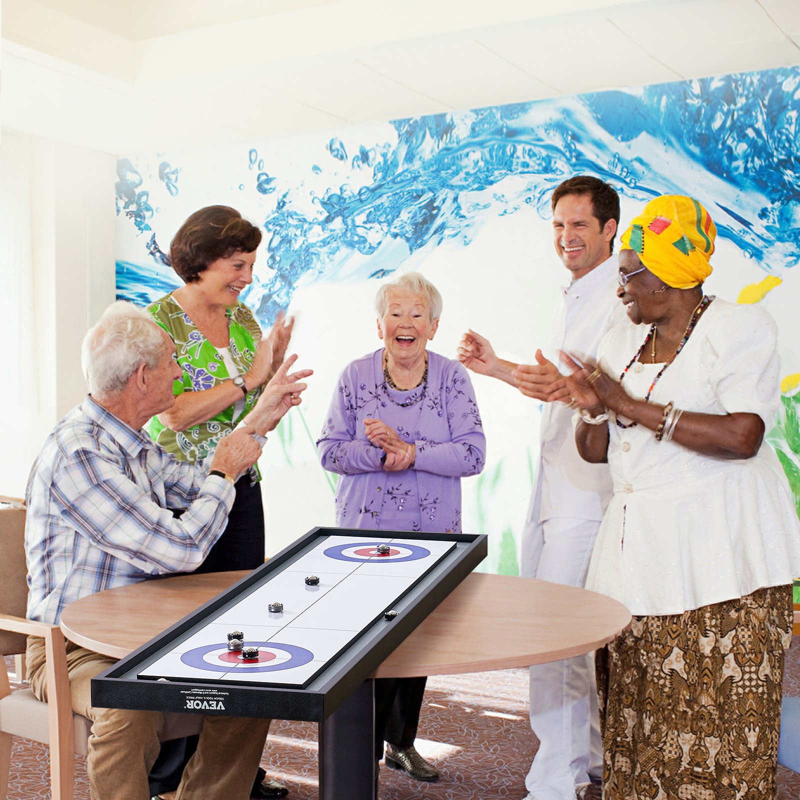 VEVOR Shuffleboard i Curling 2 w 1 – gry planszowe, 45-calowy przenośny zestaw stołowy, dwustronny stół do shuffleboardu z 8 toczącymi się krążkami, zestaw do gry w shuffleboard i curling dla dzieci i całej rodziny