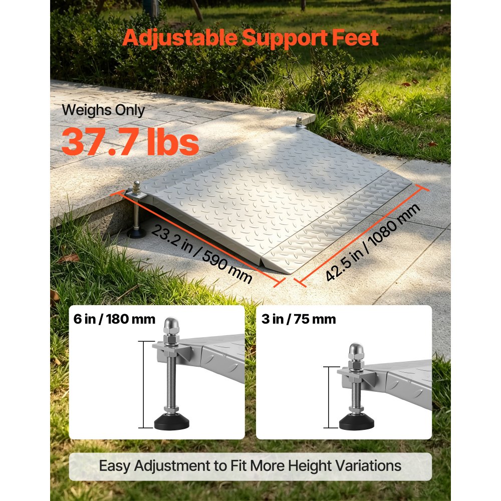 Rampa progowa VEVOR 1080x590 mm, 453,6 kg, wytrzymała, regulowana wysokość, żelazna, antypoślizgowa, stabilna rampa dla wózków inwalidzkich, skuterów, progów drzwi, krawężników i schodów