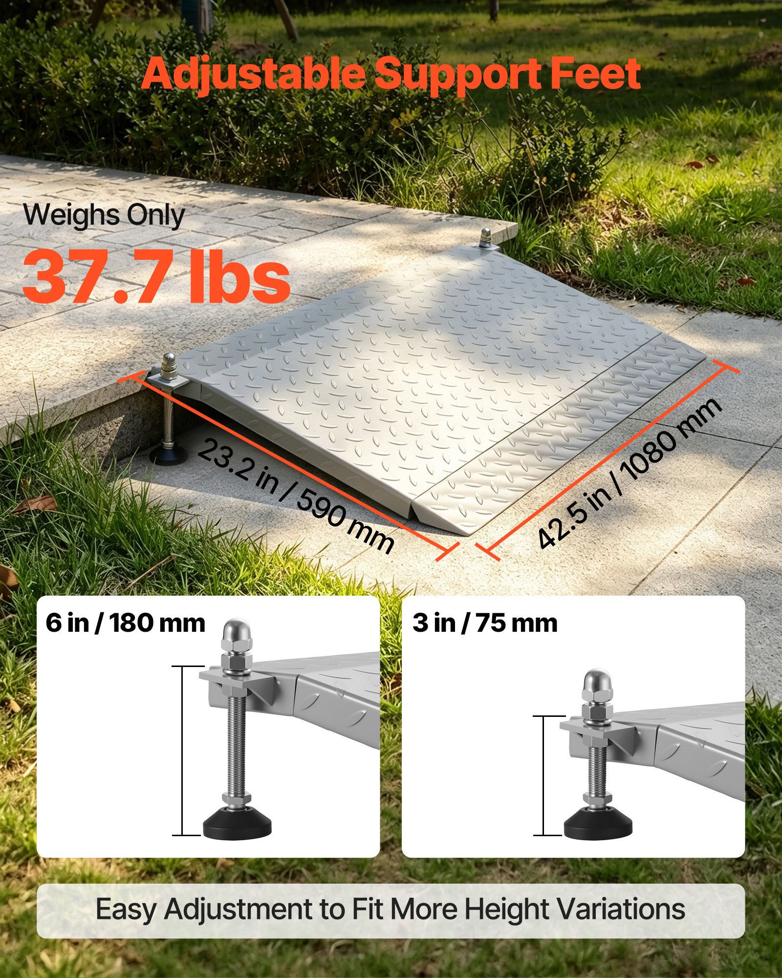 Rampa progowa VEVOR 1080x590 mm, 453,6 kg, wytrzymała, regulowana wysokość, żelazna, antypoślizgowa, stabilna rampa dla wózków inwalidzkich, skuterów, progów drzwi, krawężników i schodów