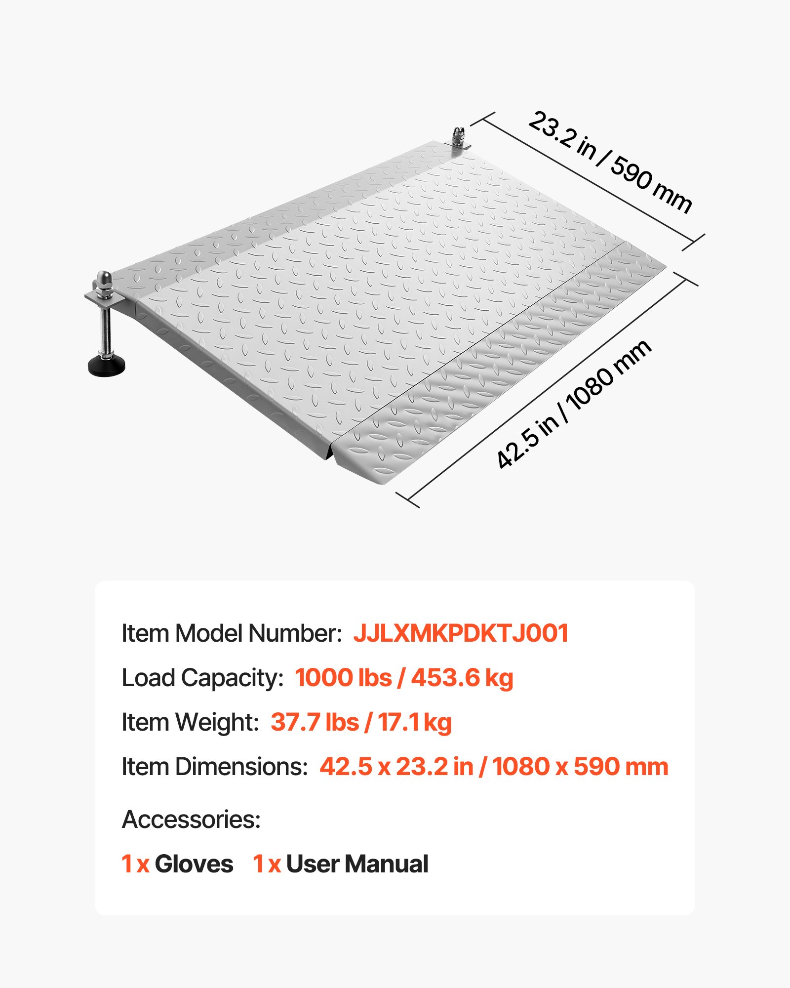 Rampa progowa VEVOR 1080x590 mm, 453,6 kg, wytrzymała, regulowana wysokość, żelazna, antypoślizgowa, stabilna rampa dla wózków inwalidzkich, skuterów, progów drzwi, krawężników i schodów