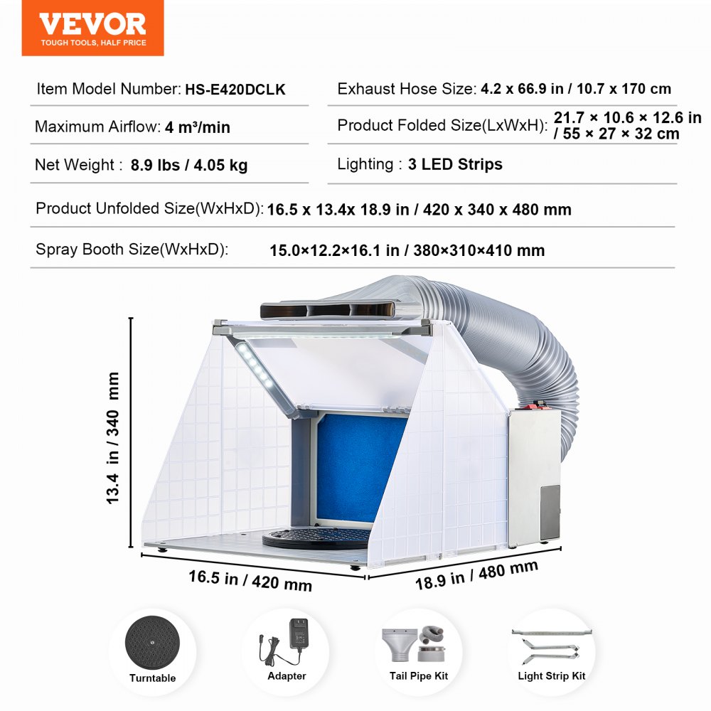 Kabina lakiernicza VEVOR Airbrush, zestaw kabiny lakierniczej 4 m³/min, z oświetleniem LED, wentylatorem wyciągowym i wężem przedłużającym wyciąg, do malowania modeli, sztuki, rzemiosła, modeli tortów