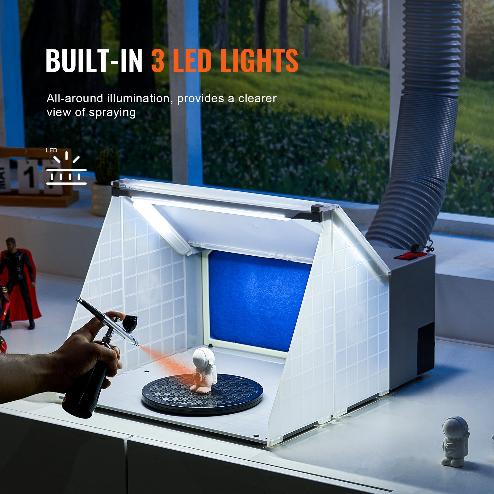 Kabina lakiernicza VEVOR Airbrush, zestaw kabiny lakierniczej 4 m³/min, z oświetleniem LED, wentylatorem wyciągowym i wężem przedłużającym wyciąg, do malowania modeli, sztuki, rzemiosła, modeli tortów