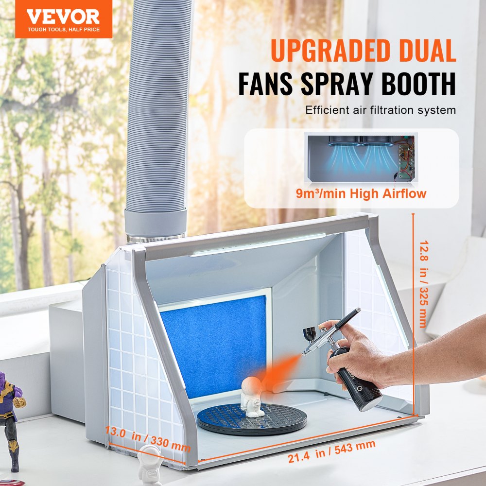 VEVOR Airbrush Spray Booth, Dual-Fans Portable Hobby Airbrush Paint Spray Booth Kit with LED Lights and Exhaust Extension Hose, Airbrush Paint Booth for Painting Models, Arts, Crafts, Cakes