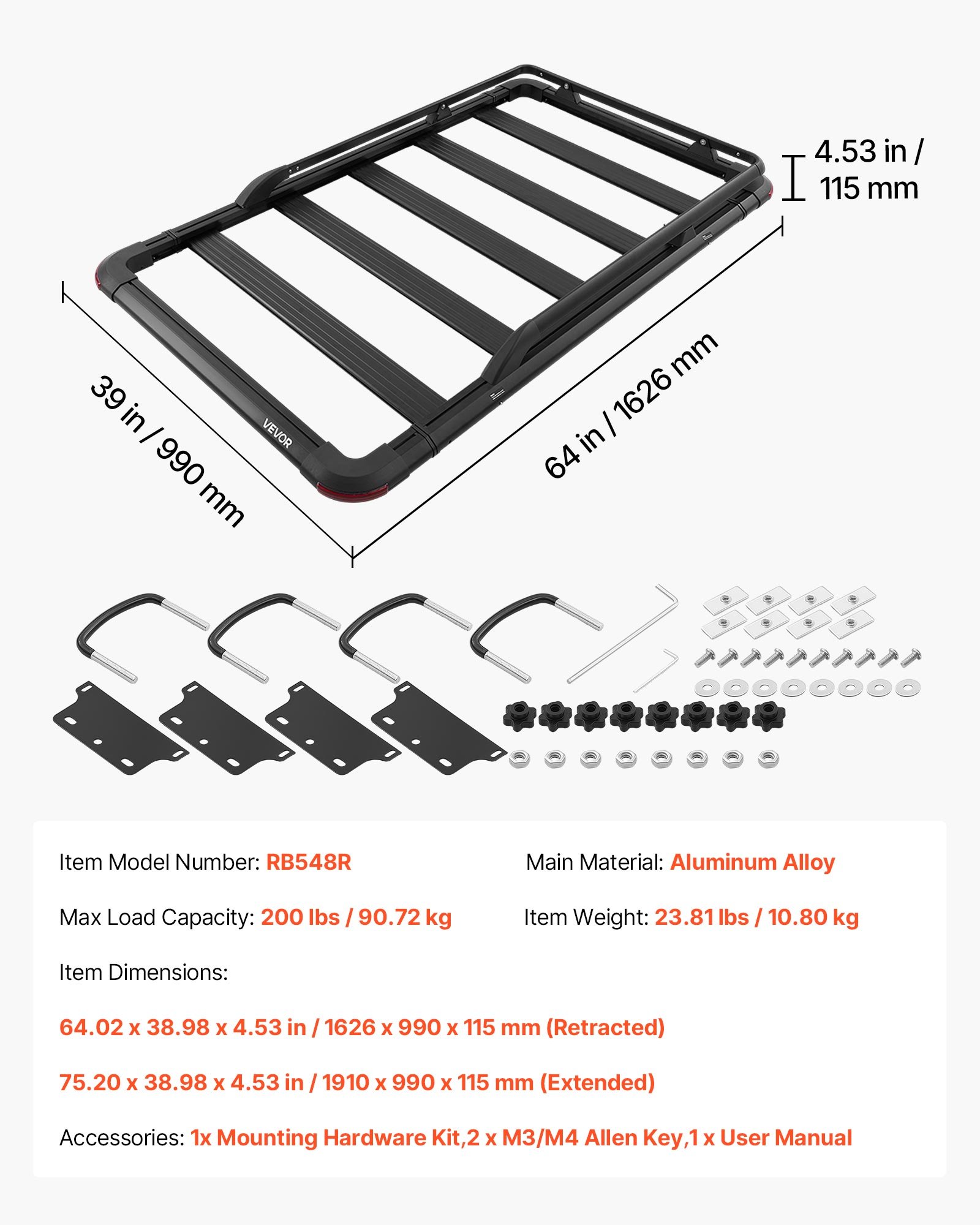 VEVOR Kosz dachowy 1626 x 990 x 115 mm Kosz dachowy z przedłużeniem, ładowność do 90,72 kg, odporny na warunki atmosferyczne kosz dachowy wykonany ze stopu aluminium, kosz transportowy na dach, odpowiedni do SUV-ów, pick-upów i ciężarówek