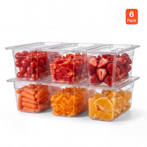Pojemniki VEVOR GN 1/3, głębokość 15 cm, zestaw 6 szt., pojemniki na żywność z pokrywkami, PC do restauracji, bufetów i barów sałatkowych, 327 x 178 x 154 mm, od -40 do 100 °C, można myć w zmywarce, można układać w stosy, podziałka