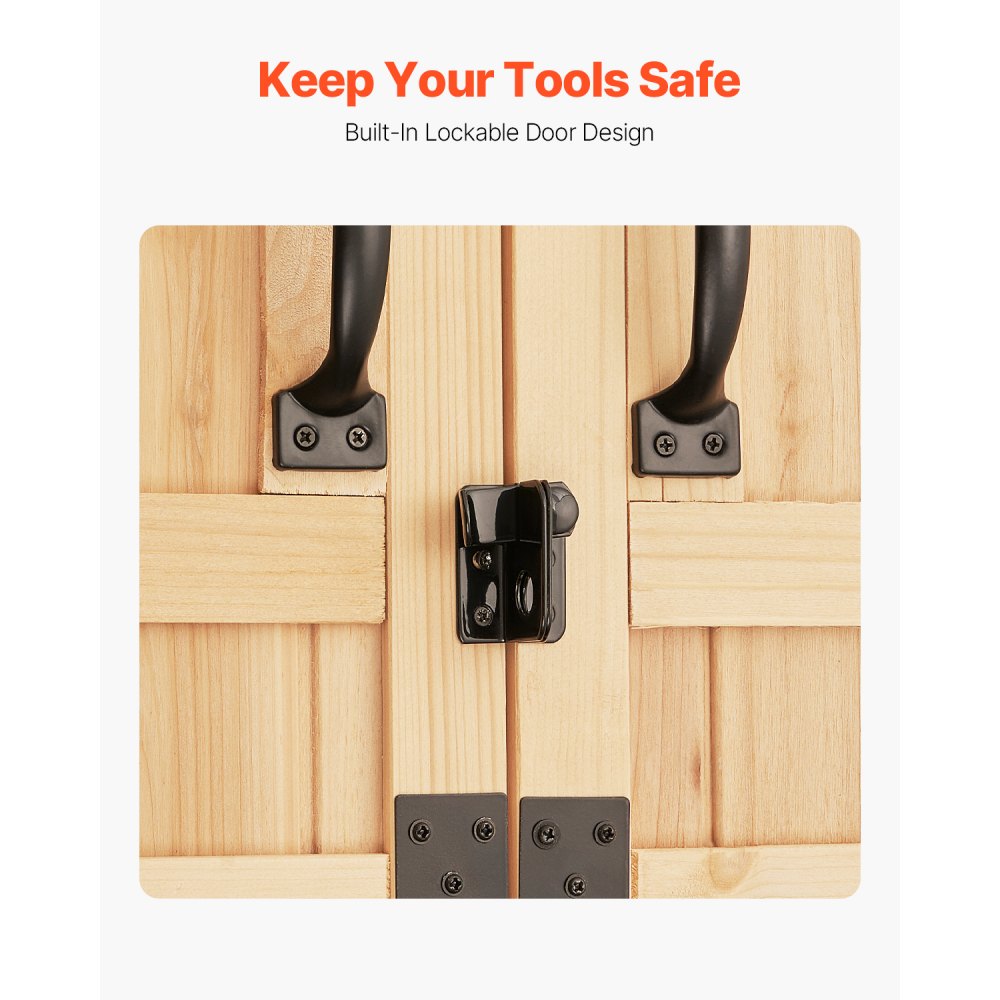 VEVOR Szopa ogrodowa na narzędzia, drewniana szafka do przechowywania z wodoodpornym dachem i metalową ramą, drzwi z podwójnym zamkiem, szafka na narzędzia ogrodowe, szafka do przechowywania z półkami i podłogą, 1473 x 680 x 1980 mm