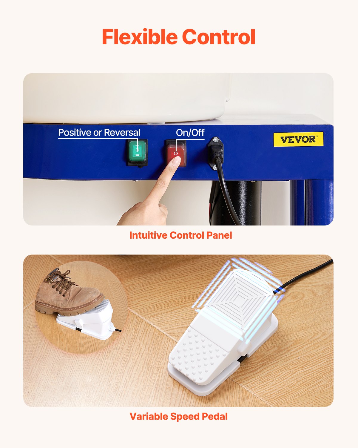 Maszyna do formowania kółek ceramicznych VEVOR z pedałem, regulowanymi stopkami podnoszącymi i wyjmowaną misą (35 cm), prędkość 60–300 obr./min, kompletny zestaw akcesoriów do rękodzieła DIY, kolor niebieski