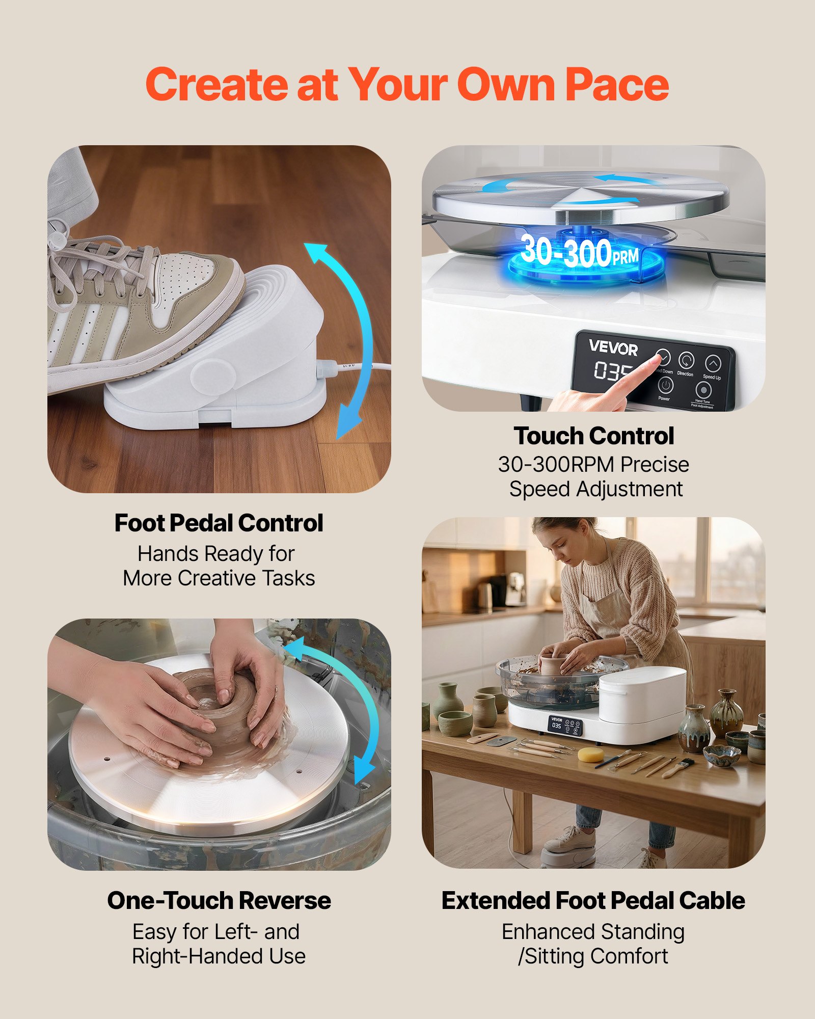 Koło garncarskie elektryczne VEVOR 450 W, talerz obrotowy 28 cm / 36 cm, maszyna garncarska z pedałem nożnym i regulowaną prędkością 30-300 obr./min oraz aluminiową obudową, do samodzielnego tworzenia glinianych modeli