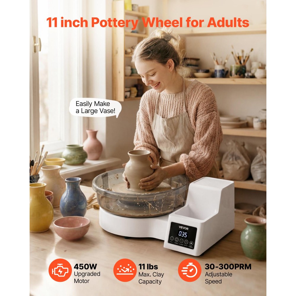 VEVOR Pottery Wheel for Adults, 28 cm Aluminum Turntable, 450W Electric Table Top Pottery Wheel with Foot Pedal, 30-300 RPM Adjustable Speed, Detachable Basin, for Beginners, DIY Clay Art Craft, White