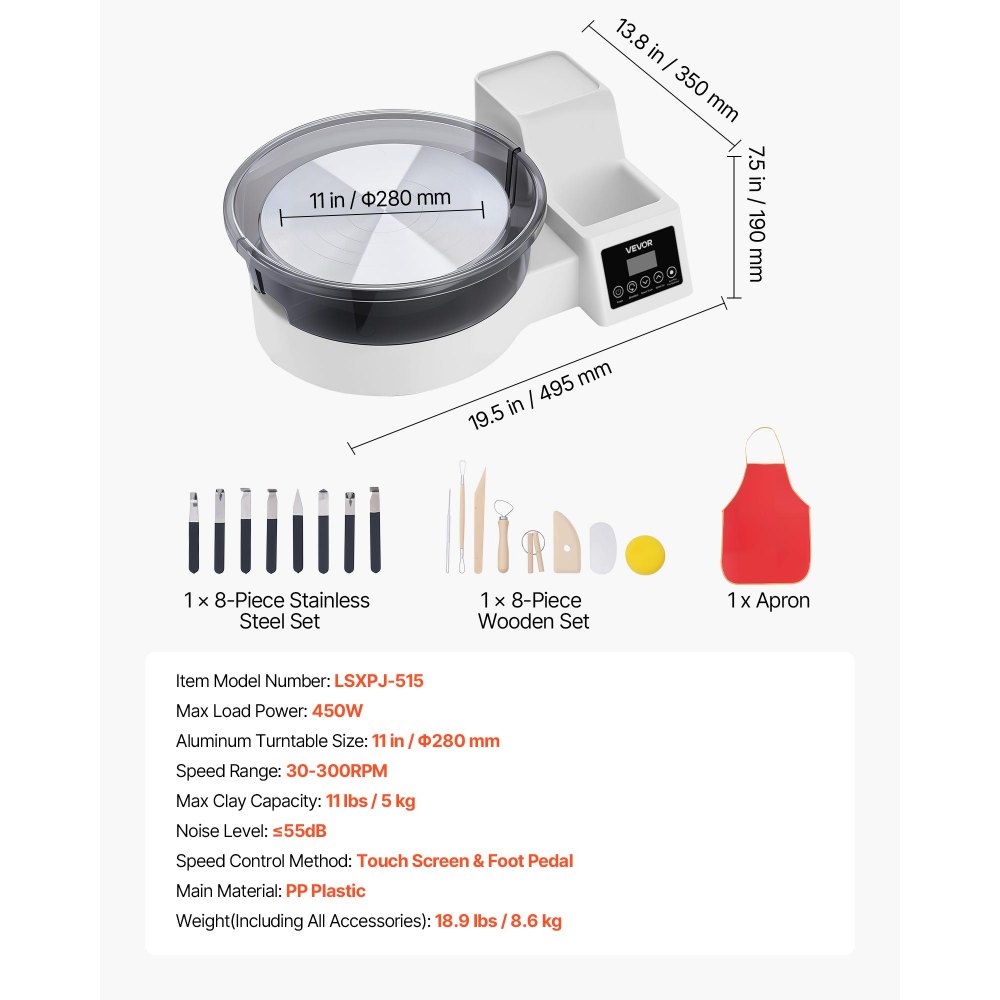 Koło garncarskie elektryczne VEVOR 450 W, talerz obrotowy 28 cm (aluminium), maszyna garncarska z pedałem nożnym i regulowaną prędkością 30-300 obr./min oraz obudową PP, do samodzielnego tworzenia glinianych modeli, białe