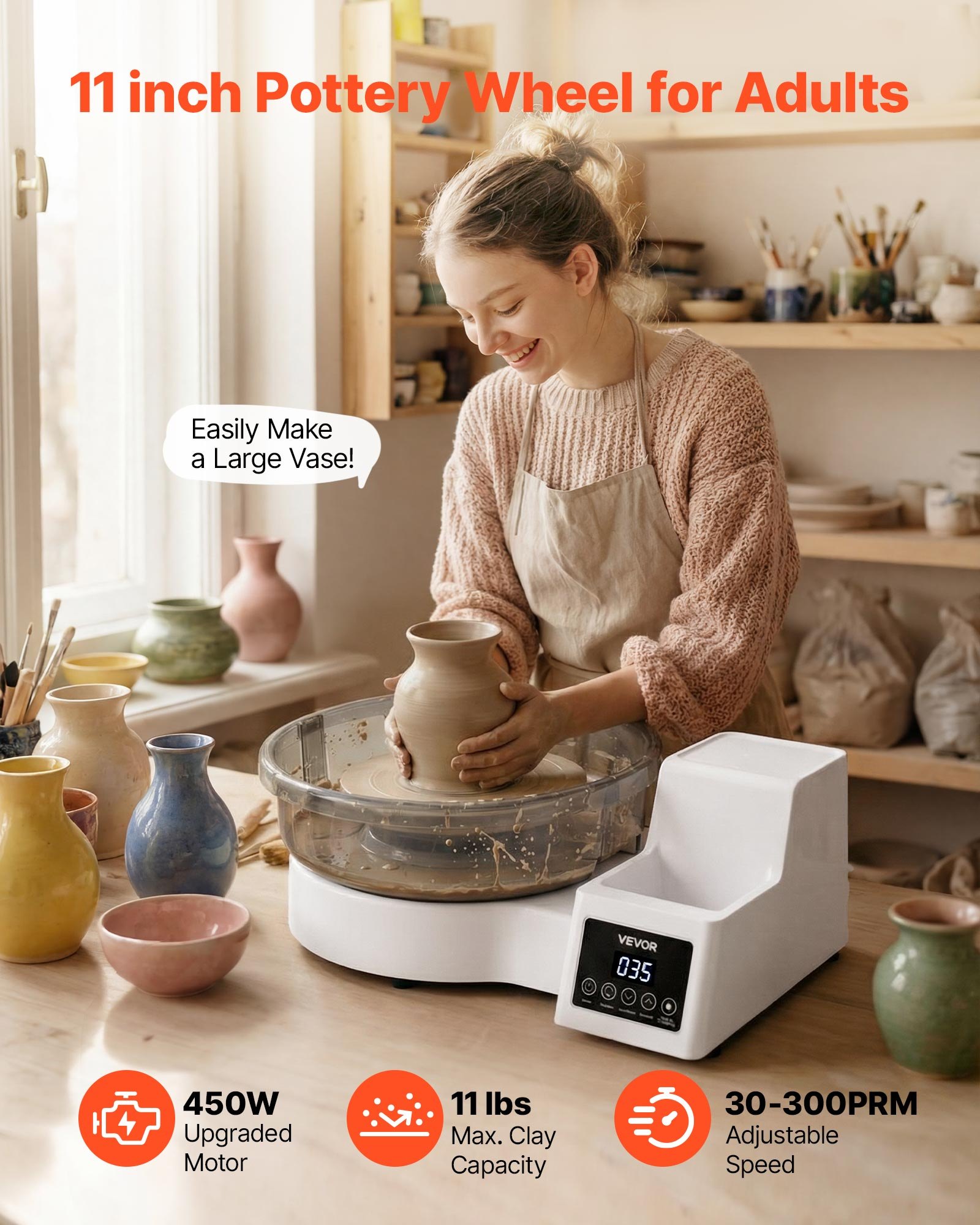 VEVOR Pottery Wheel for Adults, 28 cm Aluminum Turntable, 450W Electric Table Top Pottery Wheel with Foot Pedal, 30-300 RPM Adjustable Speed, Detachable Basin, for Beginners, DIY Clay Art Craft, White