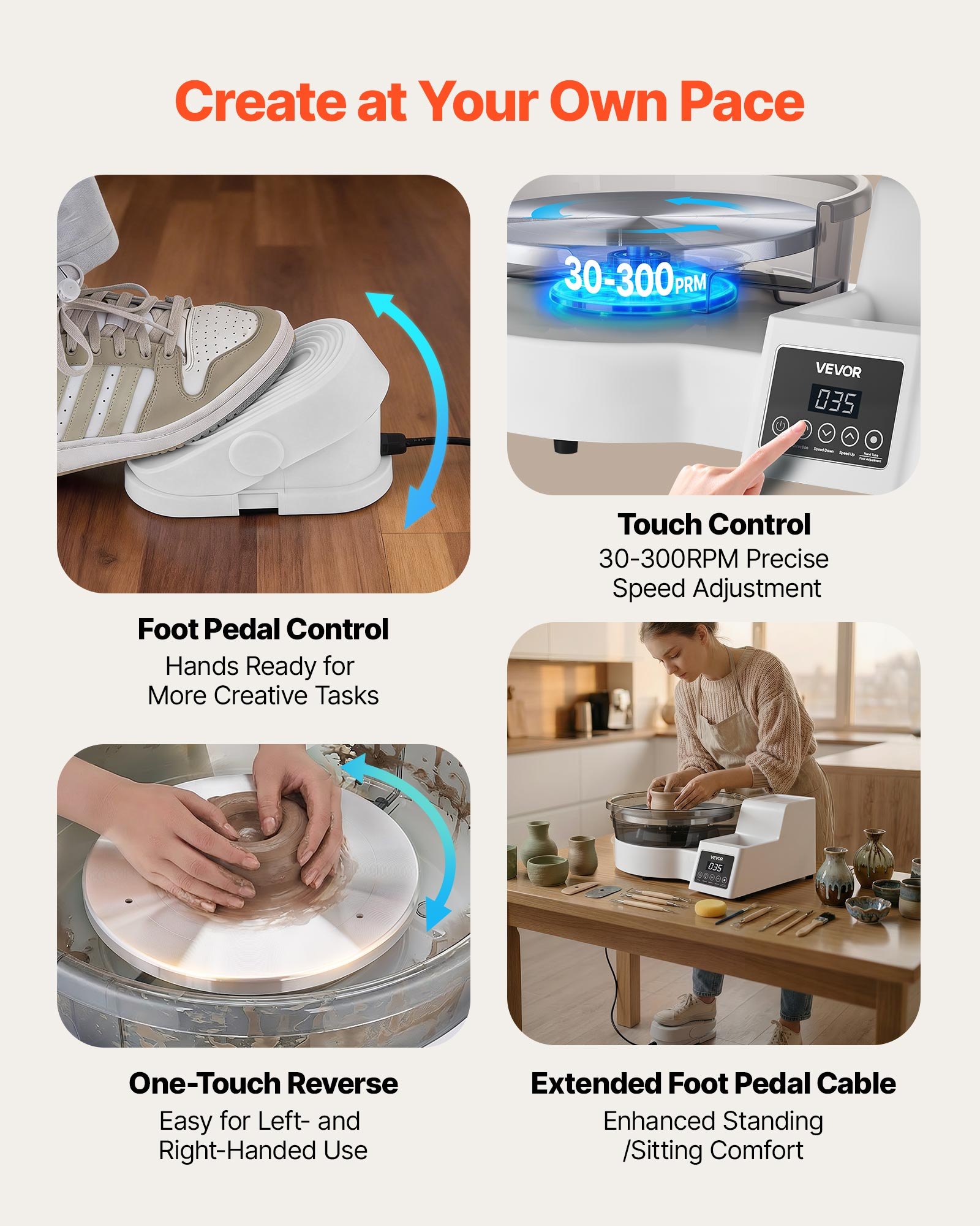 Koło garncarskie elektryczne VEVOR 450 W, talerz obrotowy 28 cm (aluminium), maszyna garncarska z pedałem nożnym i regulowaną prędkością 30-300 obr./min oraz obudową PP, do samodzielnego tworzenia glinianych modeli, białe
