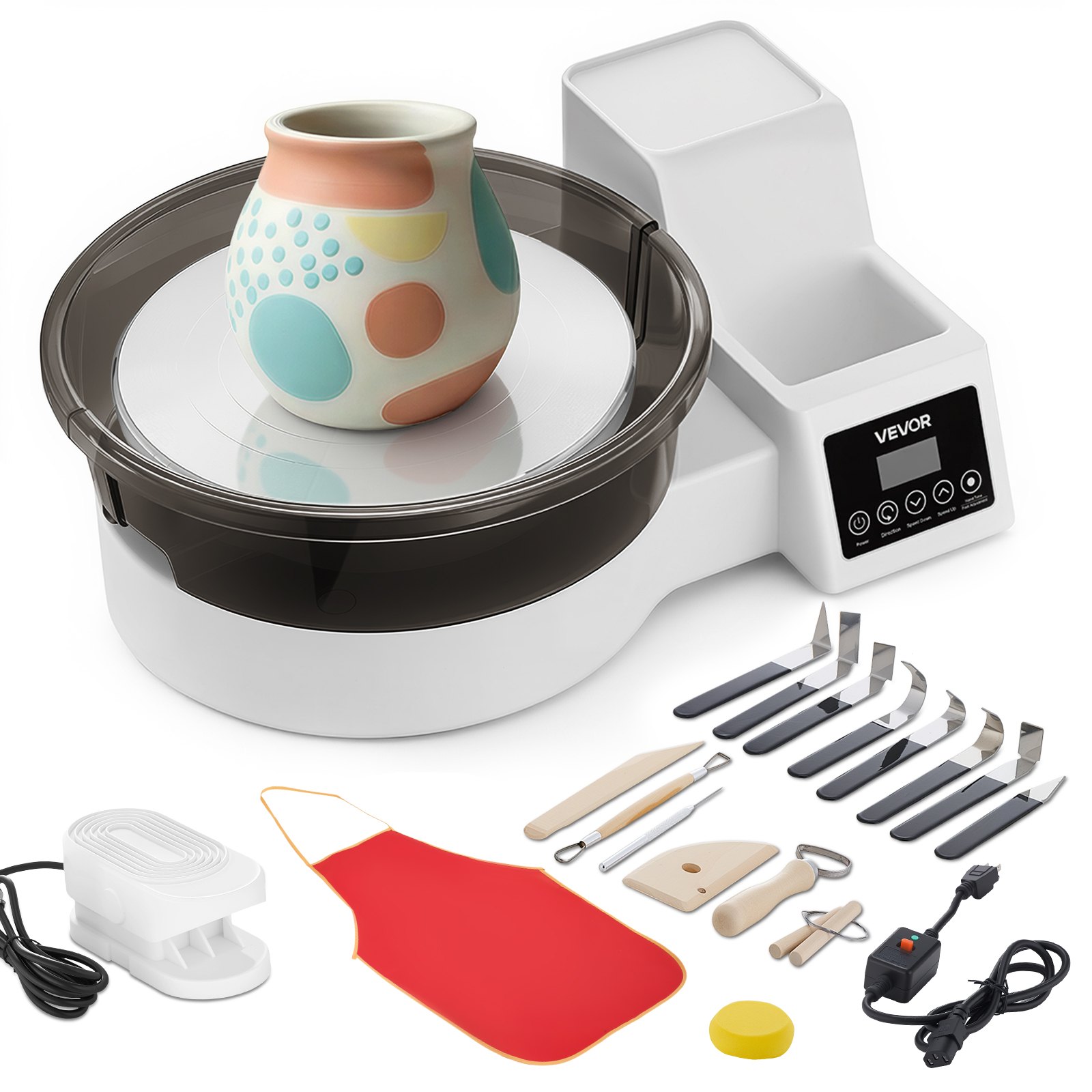 Koło garncarskie elektryczne VEVOR 450 W, talerz obrotowy 28 cm (aluminium), maszyna garncarska z pedałem nożnym i regulowaną prędkością 30-300 obr./min oraz obudową PP, do samodzielnego tworzenia glinianych modeli, białe