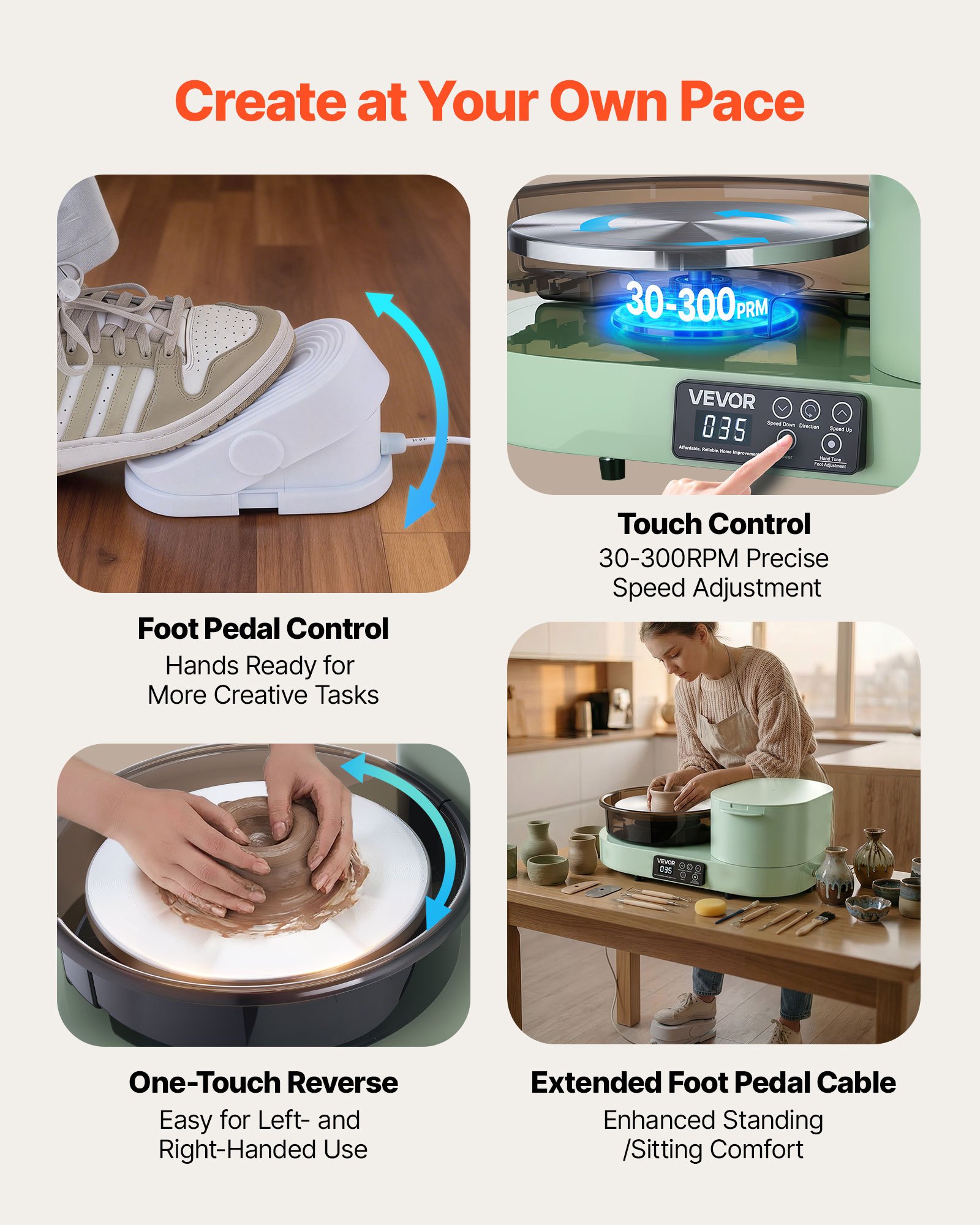 Koło garncarskie elektryczne VEVOR 450 W, talerz obrotowy 28 cm (aluminium), maszyna garncarska z pedałem nożnym i regulowaną prędkością 30-300 obr./min oraz aluminiową obudową, do samodzielnego tworzenia glinianych modeli