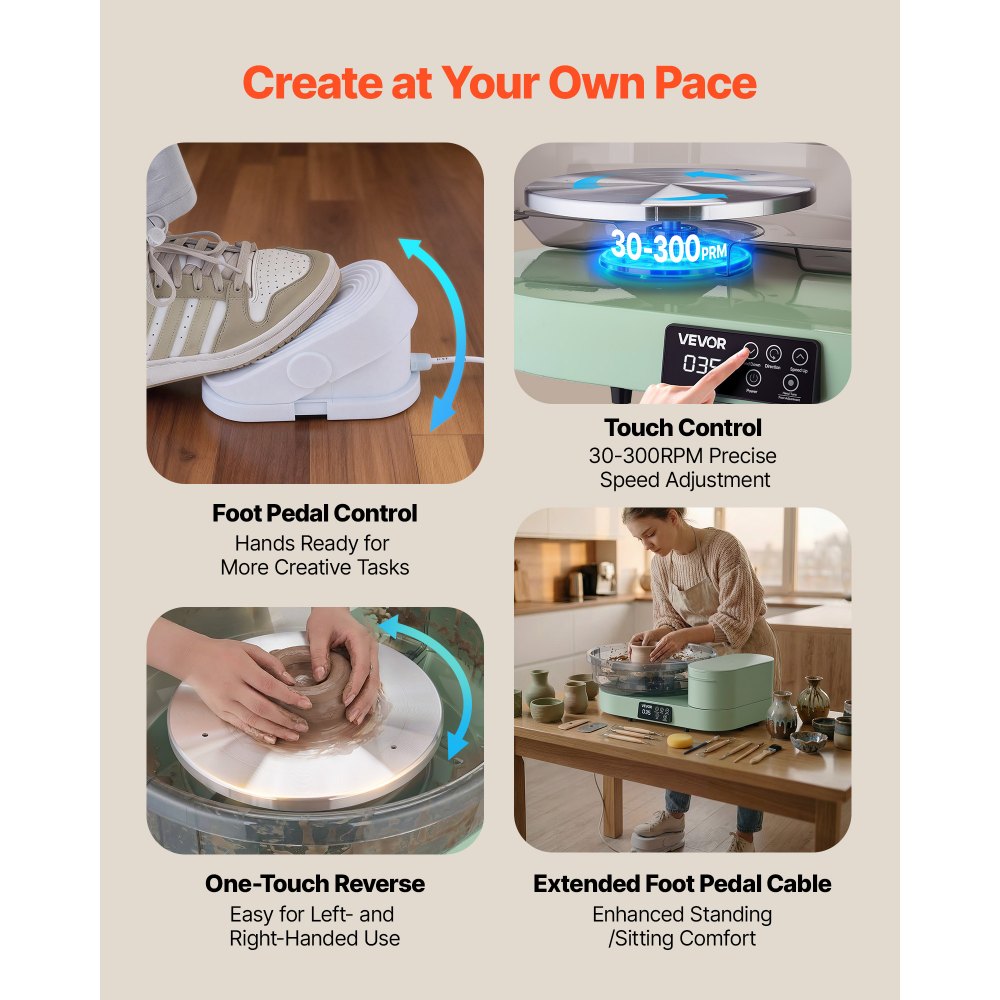 VEVOR Pottery Wheel for Adults, 36 and 28 cm Turntables, 450W Electric Table Top Pottery Wheel with Foot Pedal, 30-300 RPM Adjustable Speed, Aluminum Body, for Beginners, DIY Clay Art Craft, Green
