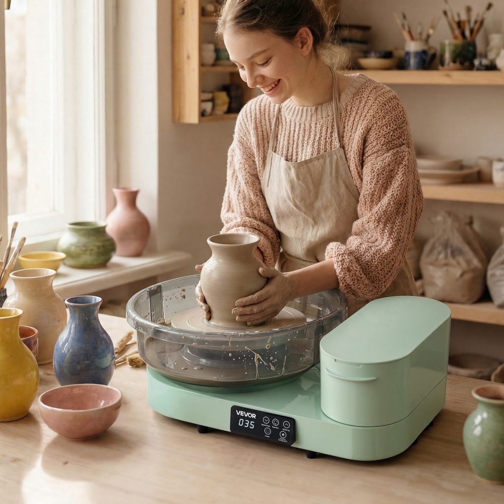 VEVOR Pottery Wheel for Adults, 36 and 28 cm Turntables, 450W Electric Table Top Pottery Wheel with Foot Pedal, 30-300 RPM Adjustable Speed, Aluminum Body, for Beginners, DIY Clay Art Craft, Green