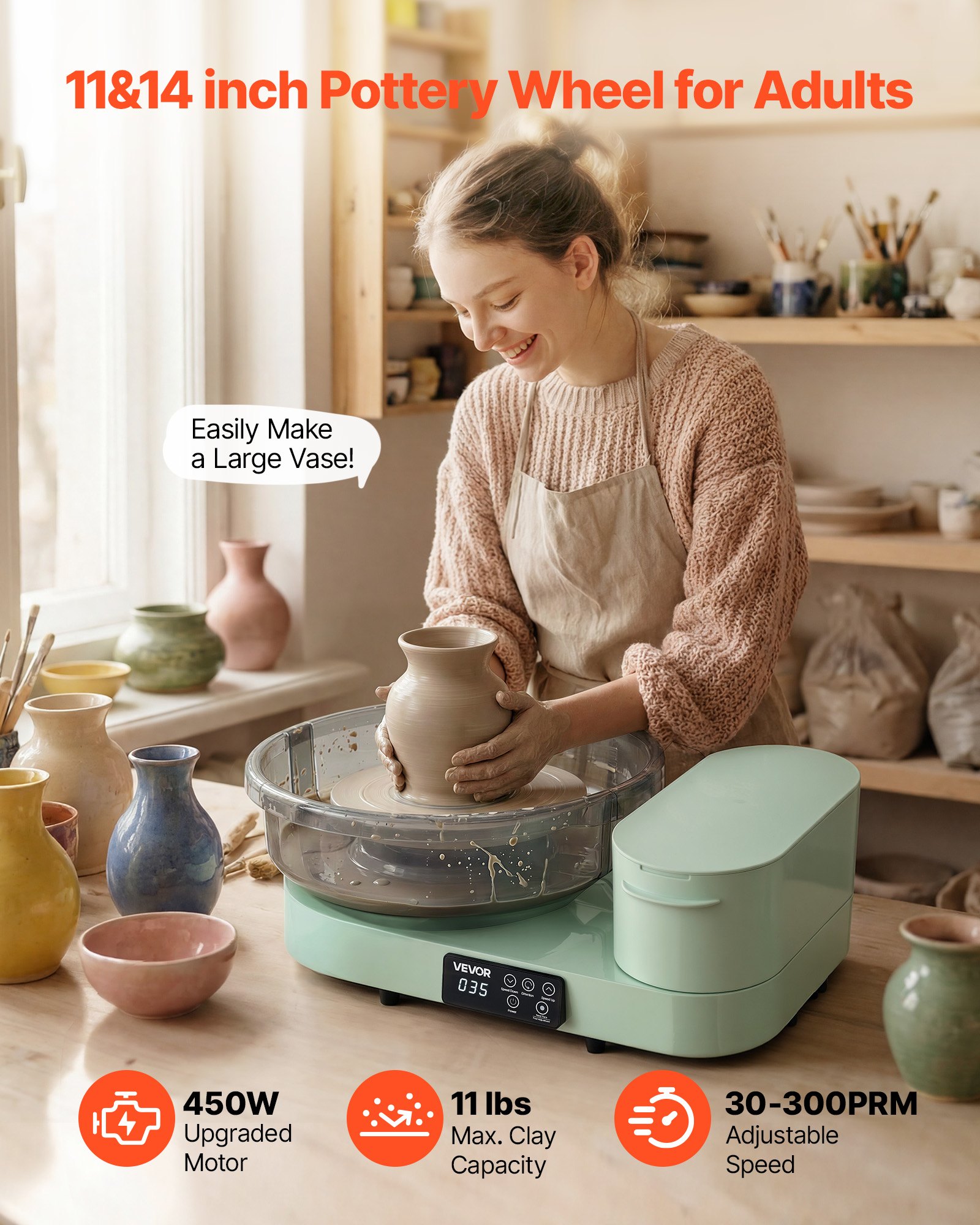 Koło garncarskie elektryczne VEVOR 450 W, talerz obrotowy 28 cm/36 cm, maszyna garncarska z pedałem nożnym i regulowaną prędkością 30-300 obr./min oraz aluminiową obudową, do samodzielnego tworzenia glinianych modeli, kolor zielony