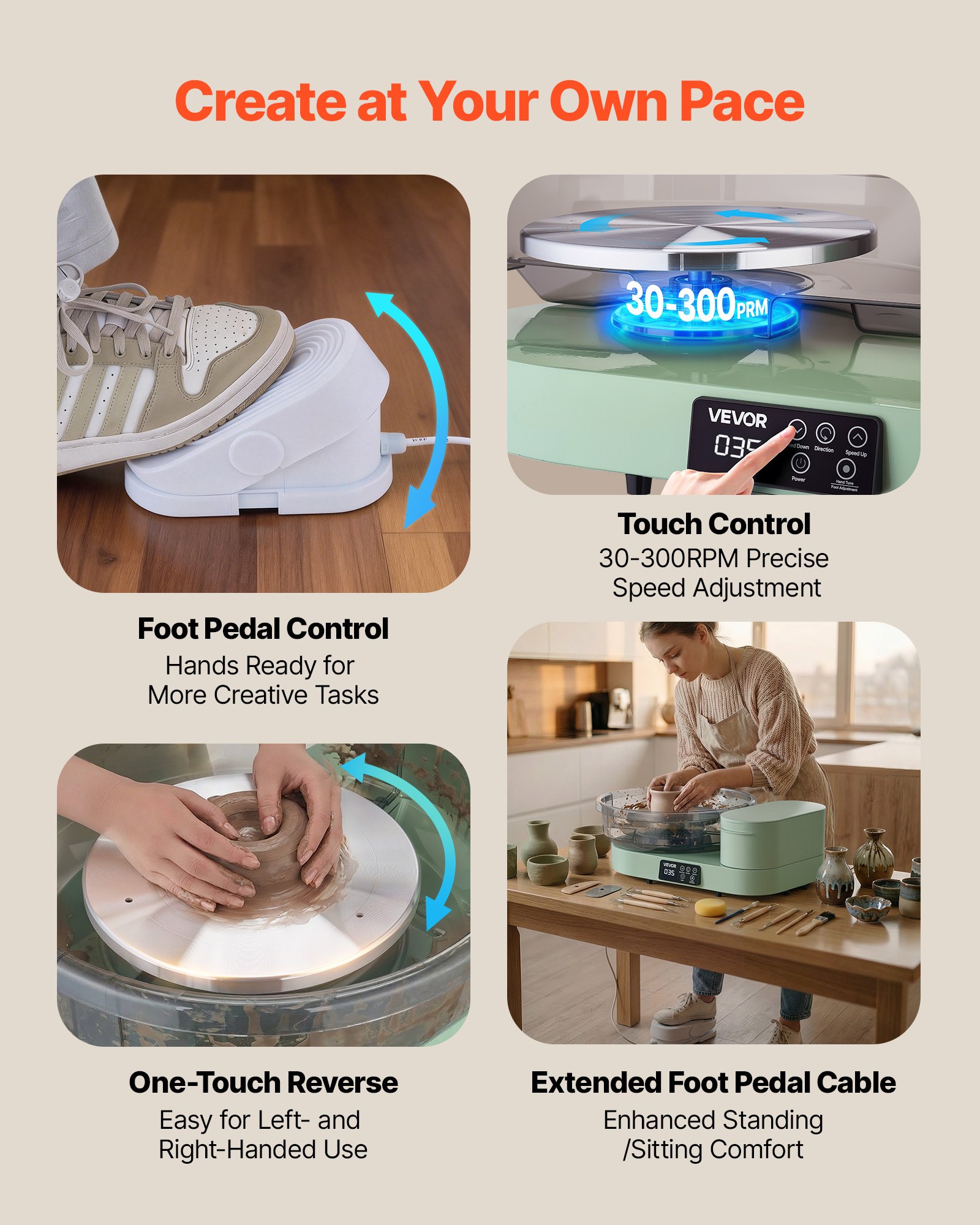 Koło garncarskie elektryczne VEVOR 450 W, talerz obrotowy 28 cm/36 cm, maszyna garncarska z pedałem nożnym i regulowaną prędkością 30-300 obr./min oraz aluminiową obudową, do samodzielnego tworzenia glinianych modeli, kolor zielony