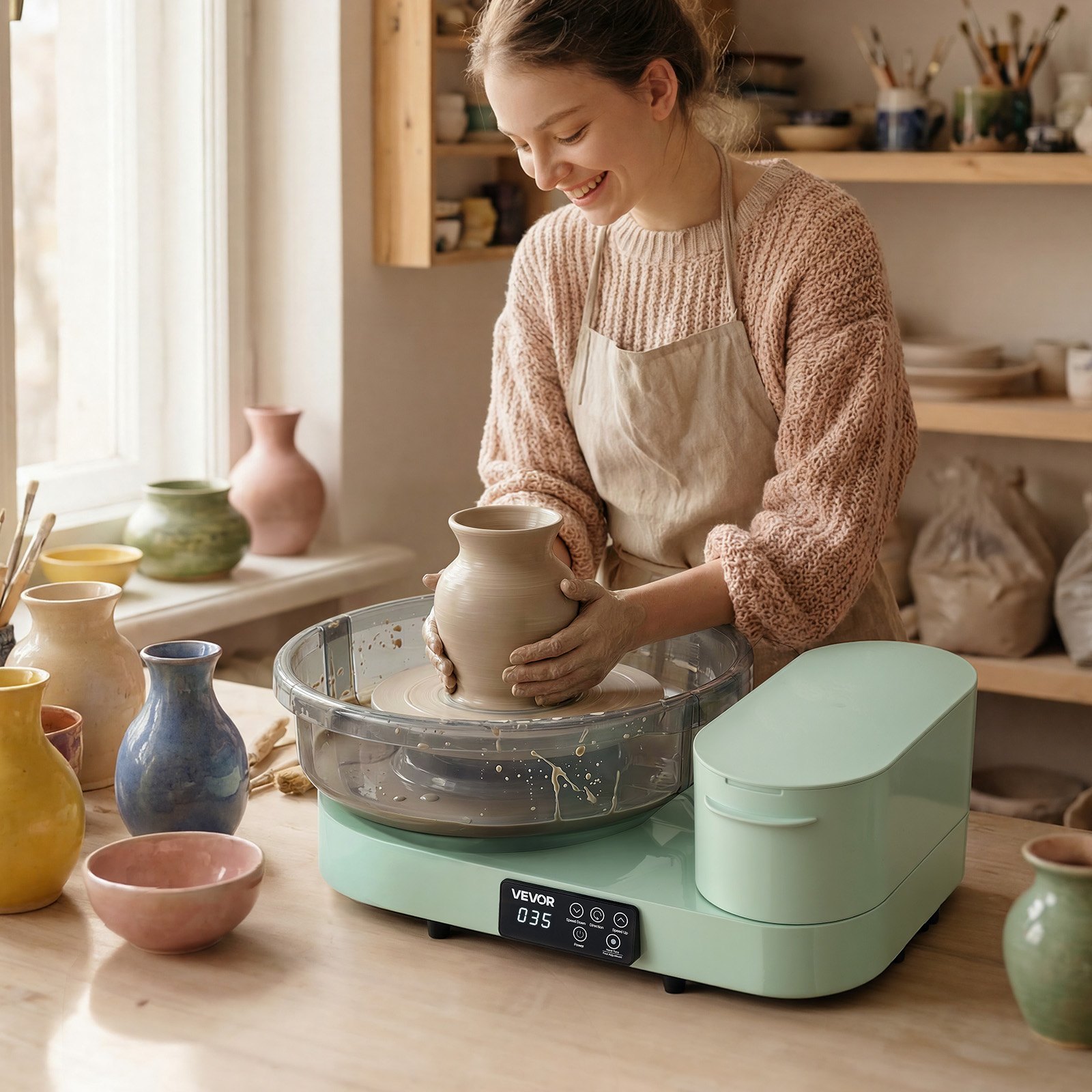 Koło garncarskie elektryczne VEVOR 450 W, talerz obrotowy 28 cm/36 cm, maszyna garncarska z pedałem nożnym i regulowaną prędkością 30-300 obr./min oraz aluminiową obudową, do samodzielnego tworzenia glinianych modeli, kolor zielony