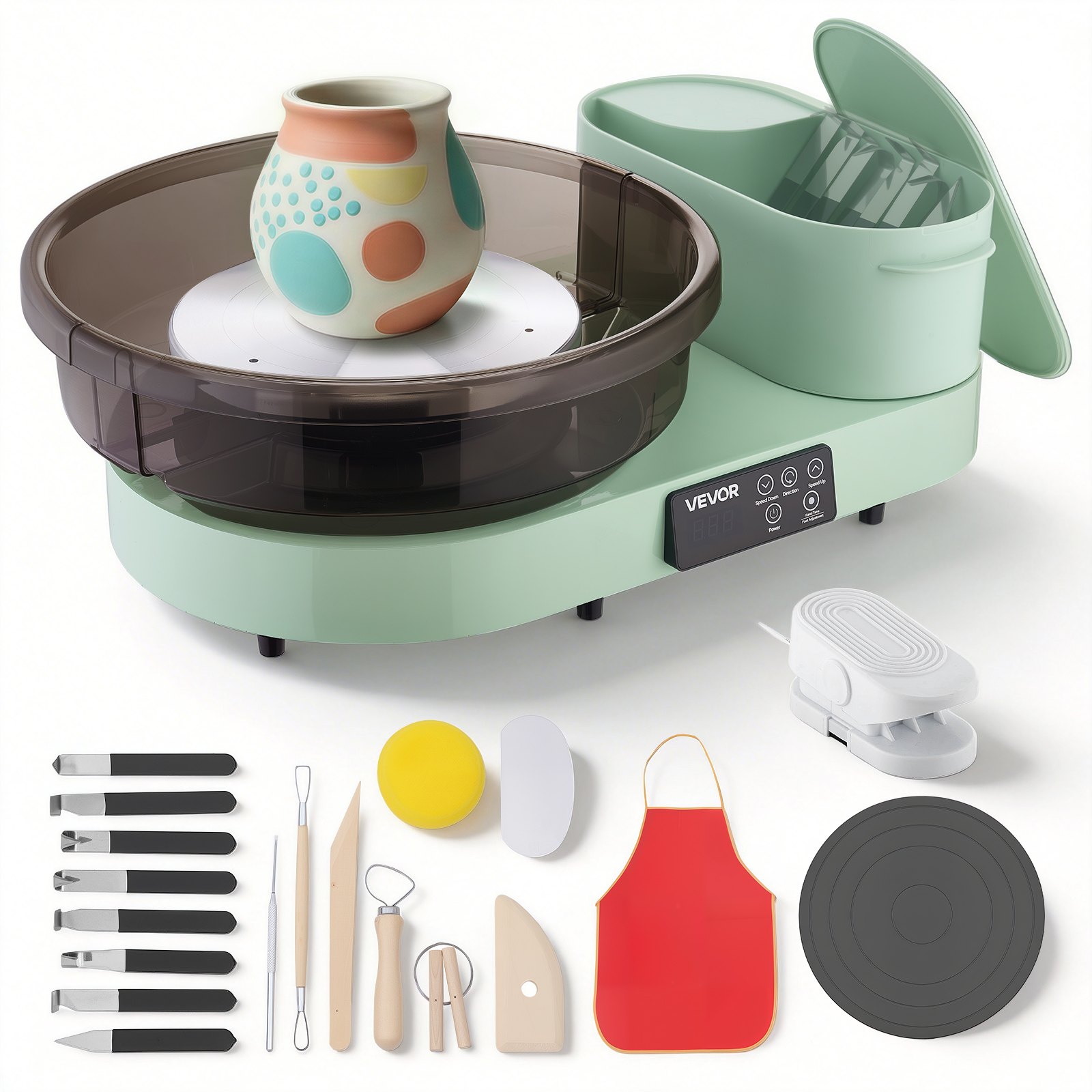 Koło garncarskie elektryczne VEVOR 450 W, talerz obrotowy 28 cm/36 cm, maszyna garncarska z pedałem nożnym i regulowaną prędkością 30-300 obr./min oraz aluminiową obudową, do samodzielnego tworzenia glinianych modeli, kolor zielony