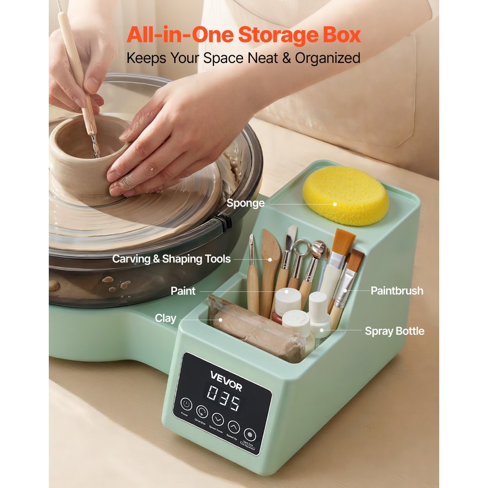 Koło garncarskie elektryczne VEVOR 450 W, talerz obrotowy 28 cm (aluminium), maszyna garncarska z pedałem nożnym i regulowaną prędkością 30-300 obr./min oraz obudową PP, do samodzielnego tworzenia glinianych modeli, kolor zielony