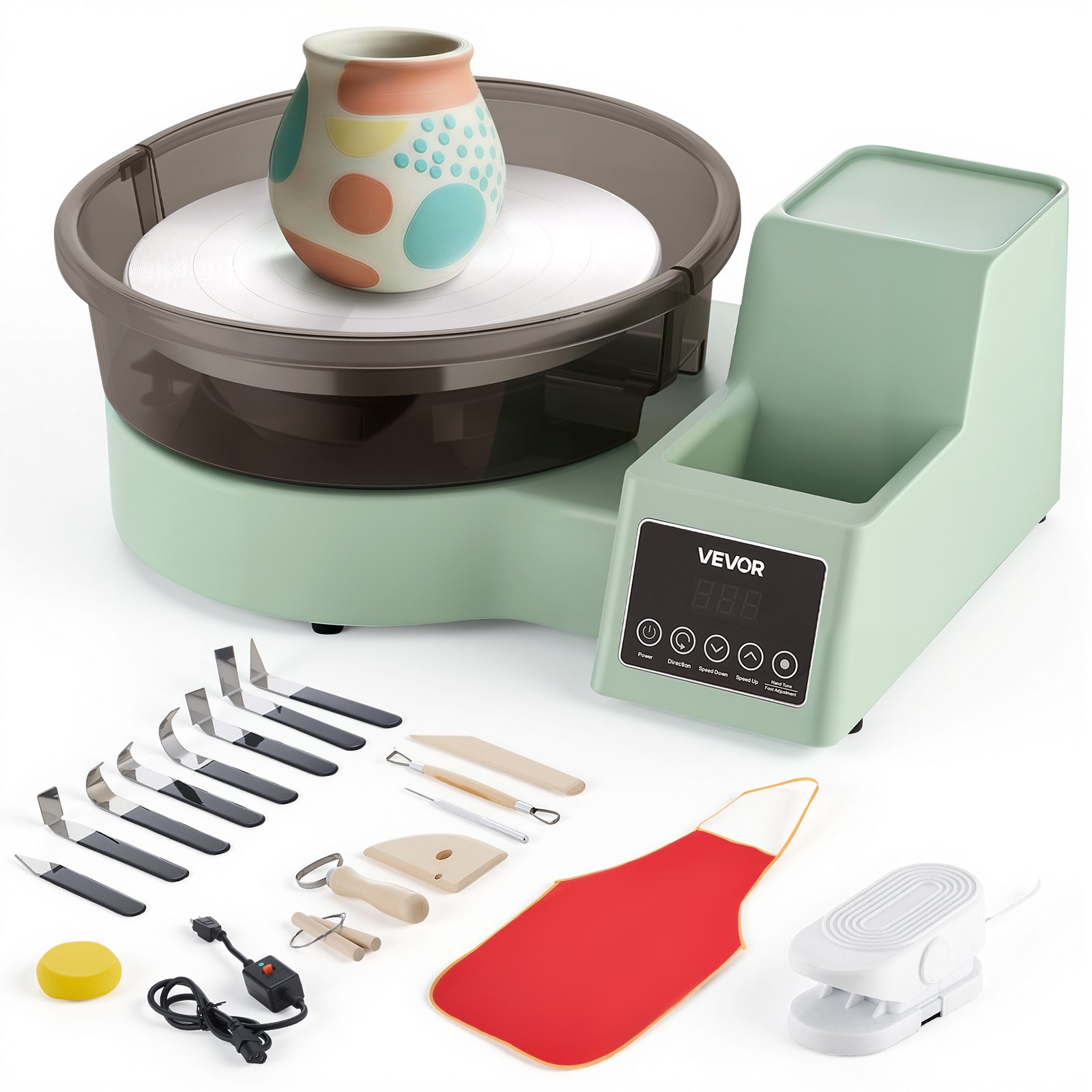 Koło garncarskie elektryczne VEVOR 450 W, talerz obrotowy 28 cm (aluminium), maszyna garncarska z pedałem nożnym i regulowaną prędkością 30-300 obr./min oraz obudową PP, do samodzielnego tworzenia glinianych modeli, kolor zielony