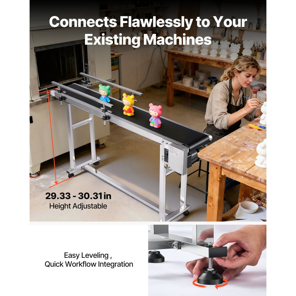 Przenośnik taśmowy VEVOR 1498,6 x 198,1 mm, stół przenośnikowy, wytrzymały, ze stali nierdzewnej, z napędem silnikowym, do zastosowań w kodowaniu atramentowym, z regulowanym przesuwem taśmy z tworzywa PVC (podwójna bariera ochronna)