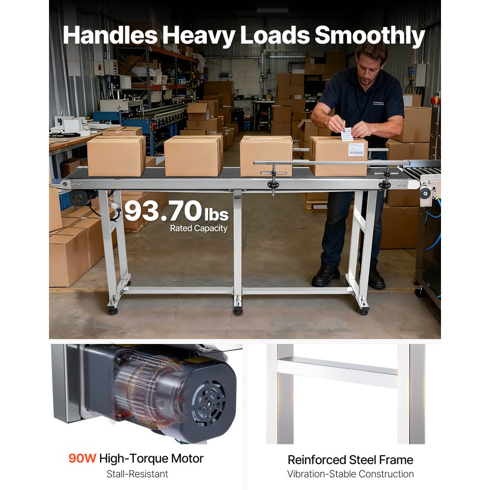 Przenośnik taśmowy VEVOR, stół przenośnikowy 1803,4 x 198,1 mm, przenośnik taśmowy ze stali nierdzewnej z napędem silnikowym do zastosowań w kodowaniu atramentowym, napędzany pas PVC, regulowana prędkość (podwójna barierka ochronna)